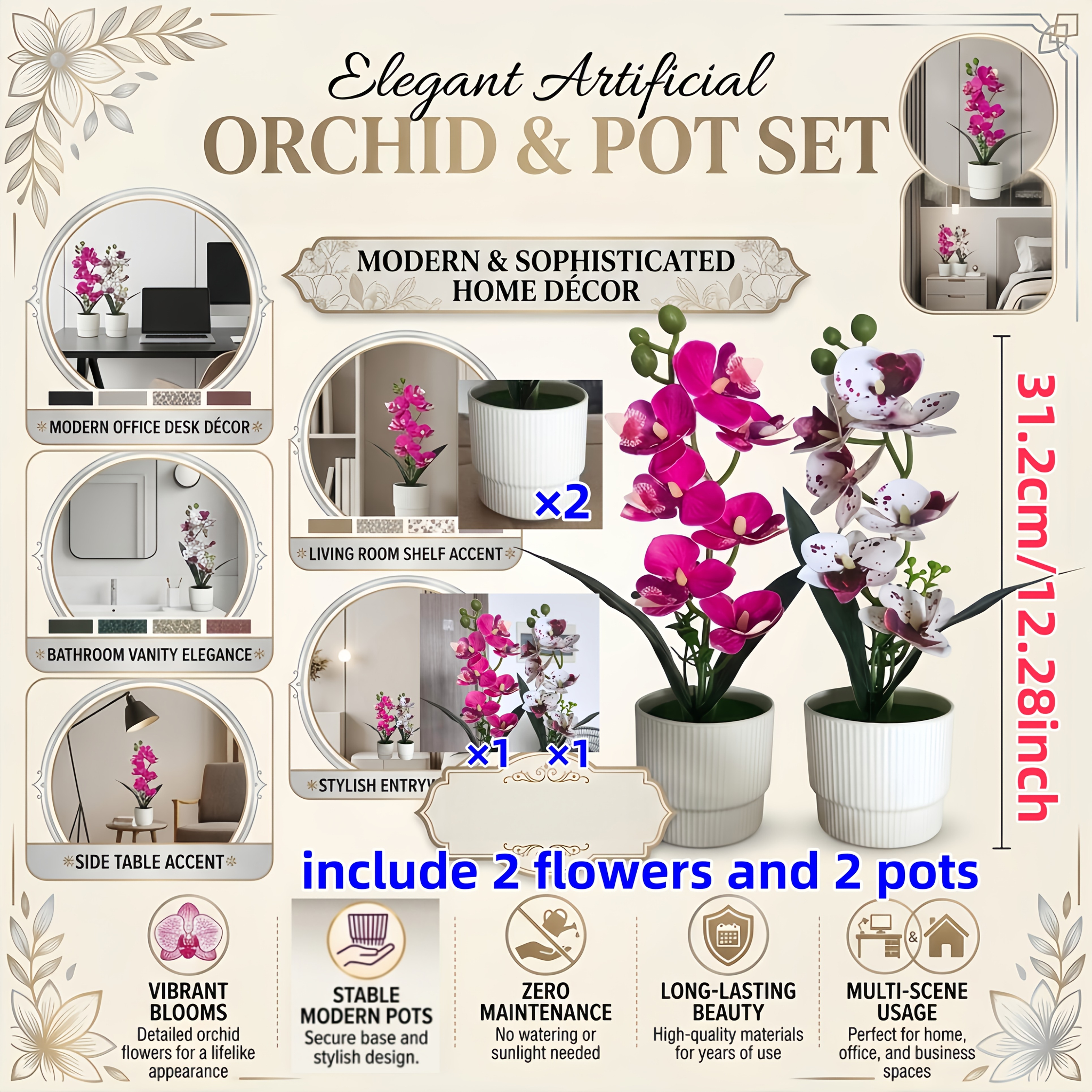 TEMU 2 Sets Artificial Multicolor Orchids (with Pots), High-quality Fake Orchid Potted Plants, Beautiful Orchid Flowers, Room Decor, Indoor/outdoor