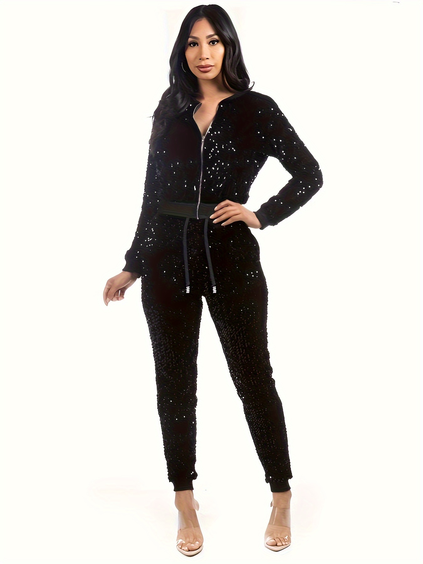 velour tracksuit womens sequin two piece set solid full zip Temu