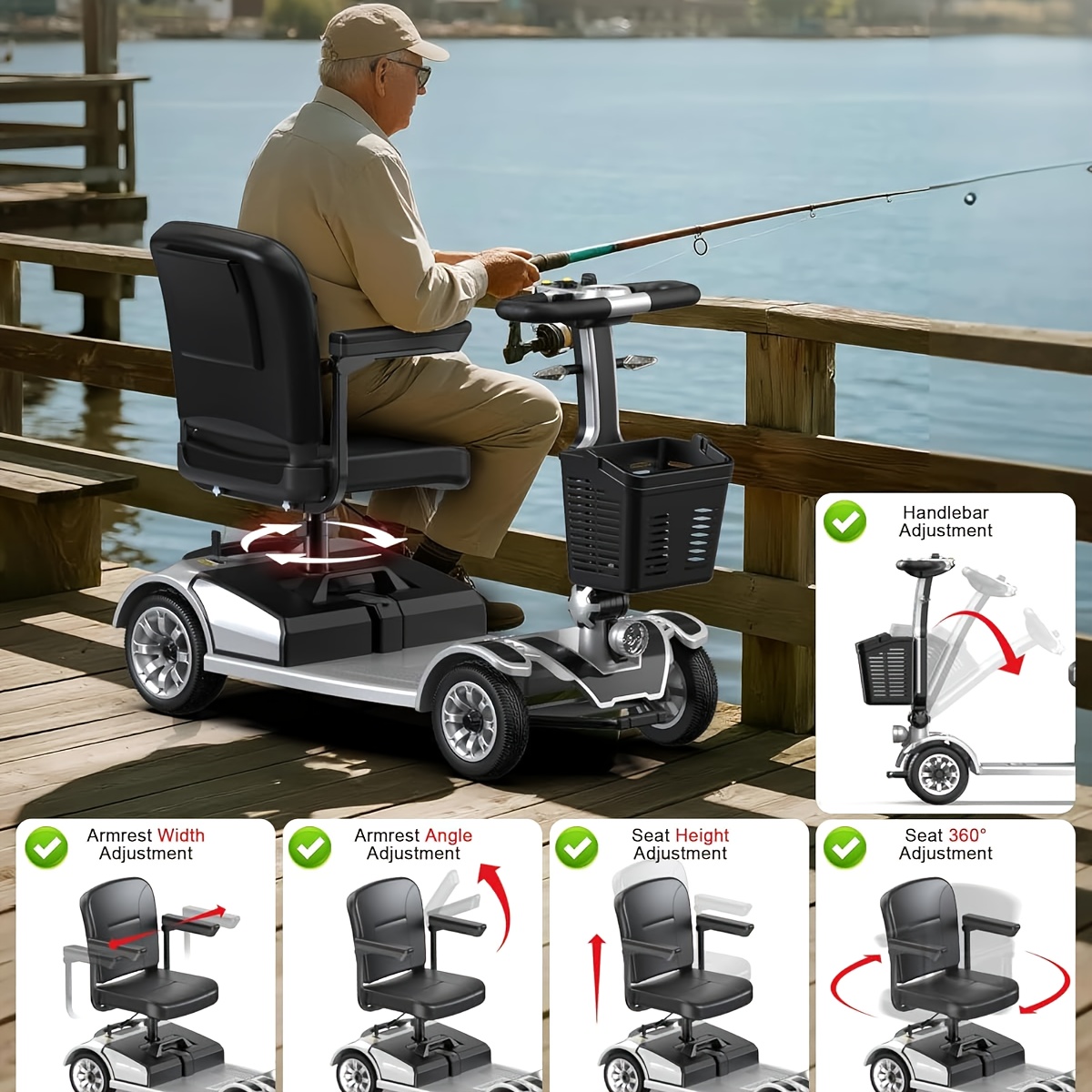 foldable four wheel mobility scooter for transporting adults and elderly electric scooter with removable battery 360 swivel seat front and back   lights tools free assemble 8 inch 9 inch solid tires electric mobility aid for senior gift Product details 2