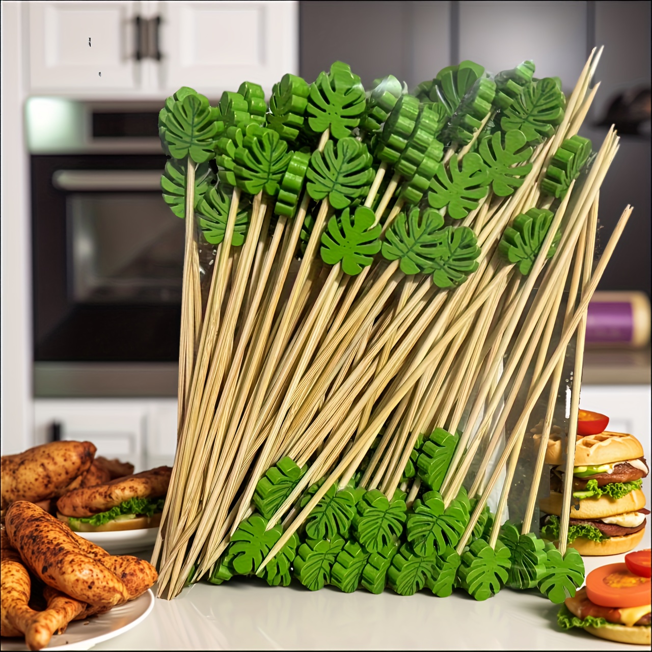 Image of 100pcs/50pcs Cocktail Picks - Monstera Leaf & Sticks With Bamboo Skewers For Bar, Fruit Appetizers, Party Decorations - Bulk Toothpicks For, Weddings, Pool Parties (hand