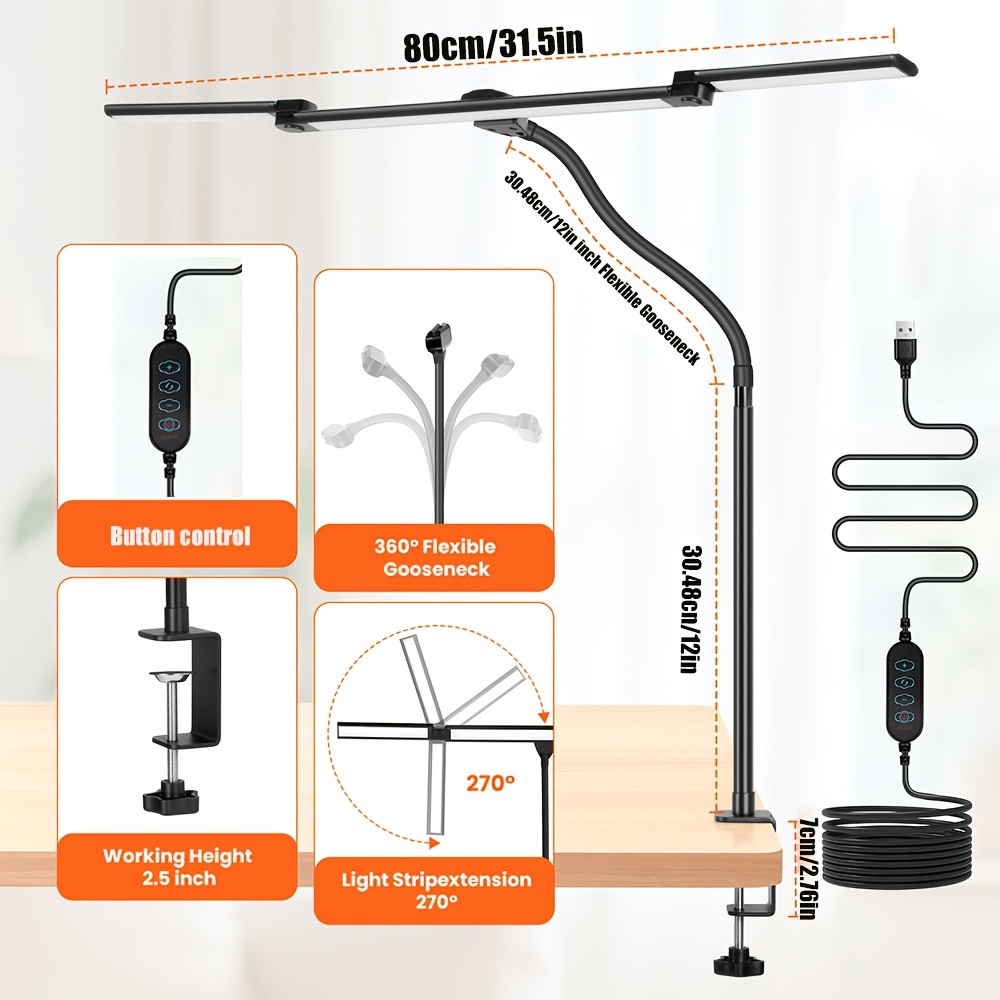 TEMU 2/3 Head Led Desk Lamp With Clamp, Desk Lamps For Home Office, Computer Monitor Table Lamp Adjustable Desk Lamp For Reading Study Workbench()