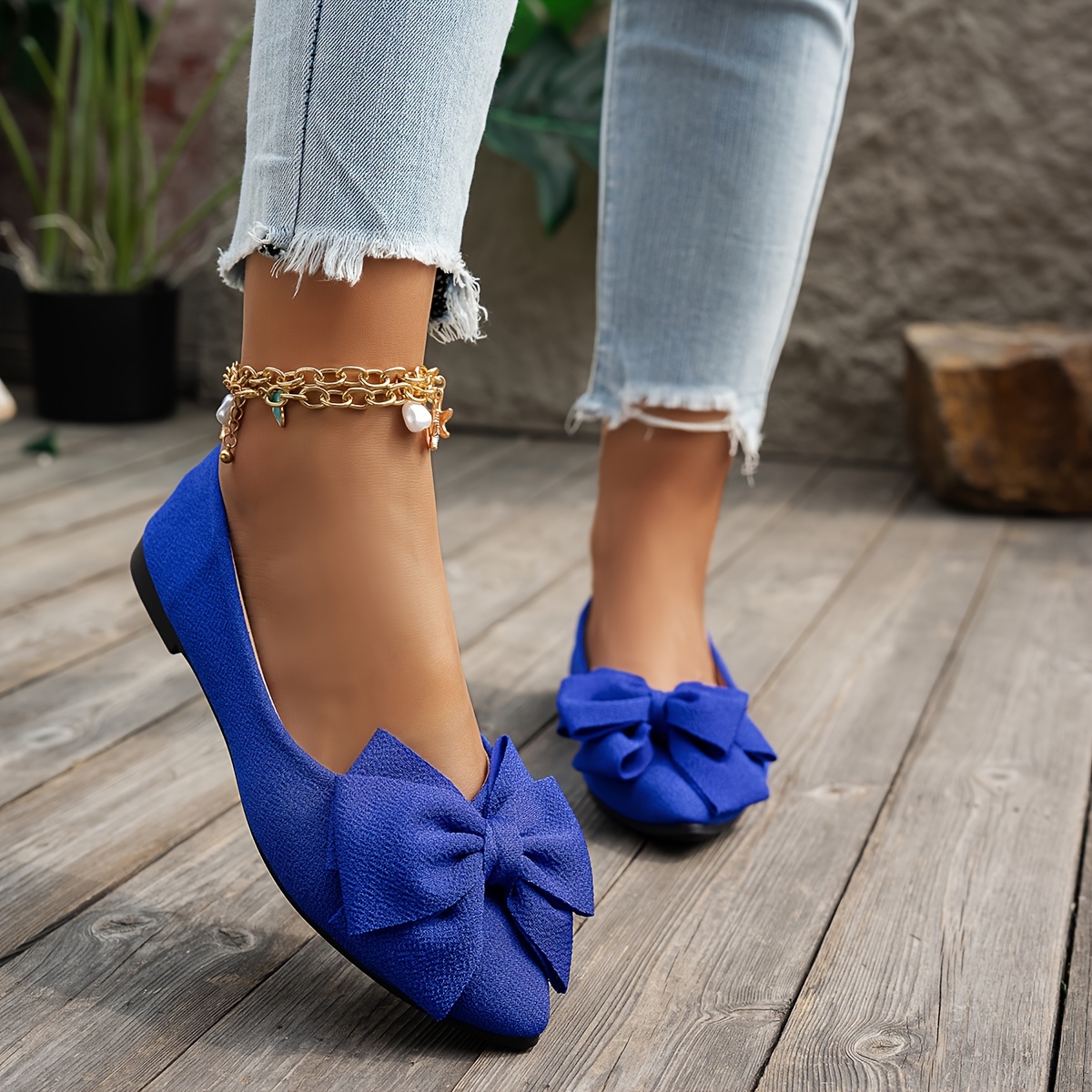 womens pointed toe bow detail flats royal blue beige ankle Temu