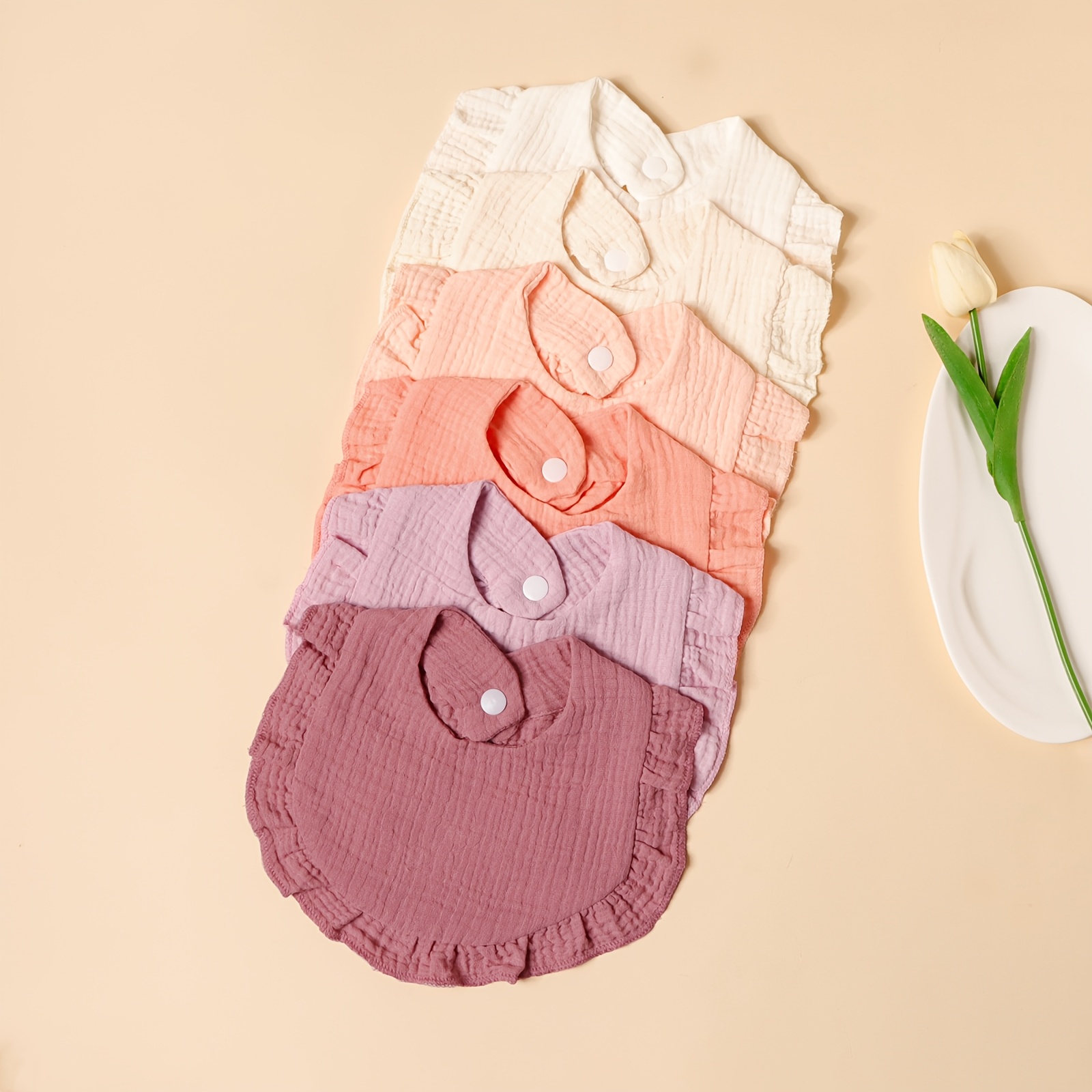 Image of 6pcs Solid Color Lotus Leaf Edge Saliva Bib Double Crepe Cloth Baby Feeding Bib Soft Comfortable Baby Drool Towel