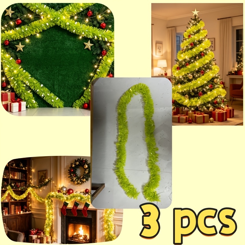 TEMU 3pcs = 6 Meters Green Christmas Ribbons, Sequined Decorative Ruffles, Villa Staircase Handrail Doorway Party Scene Decoration. , Shaped Sequined