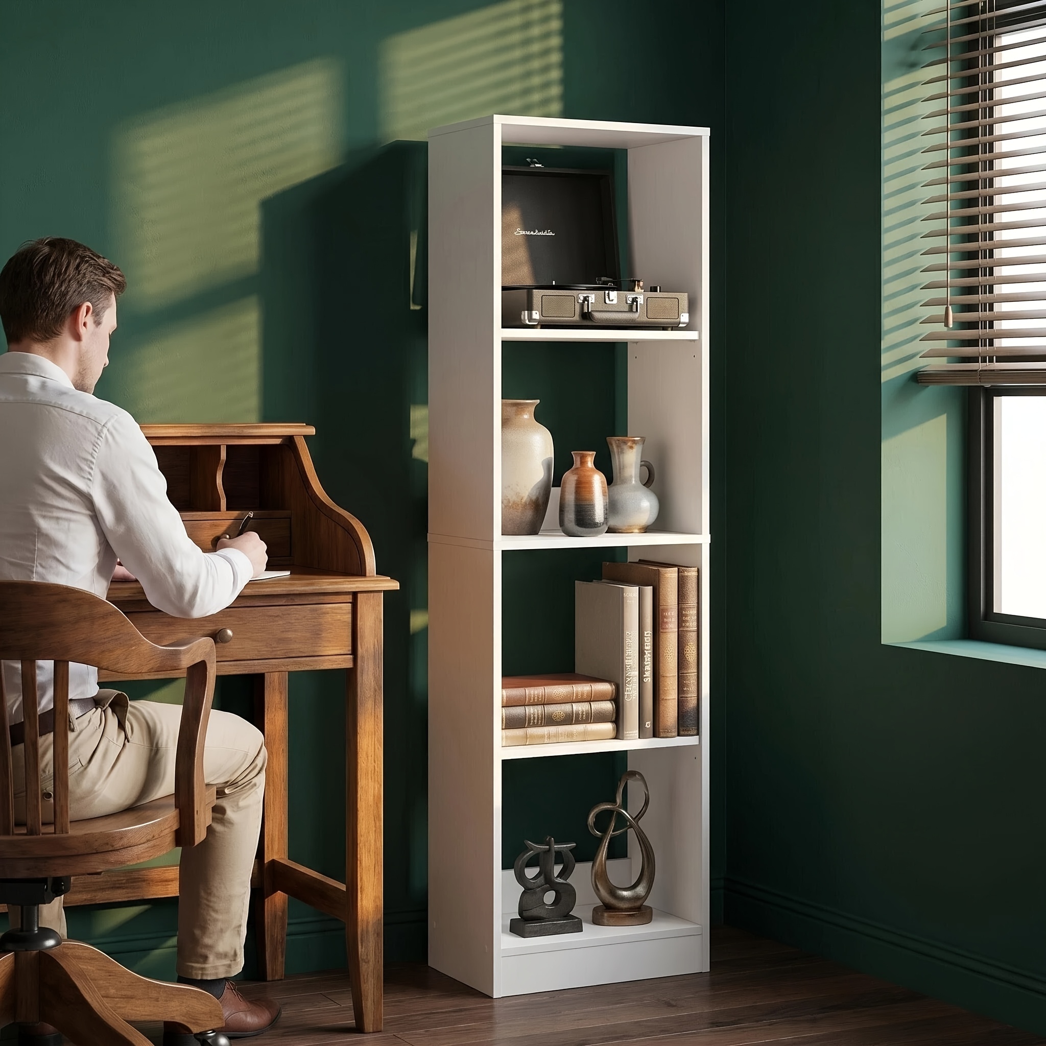 TEMU Étagère super étroite, 4 compartiments de rangement , hauteur de couche réglable, avec panneau arrière pour les chutes, anti-basculement,