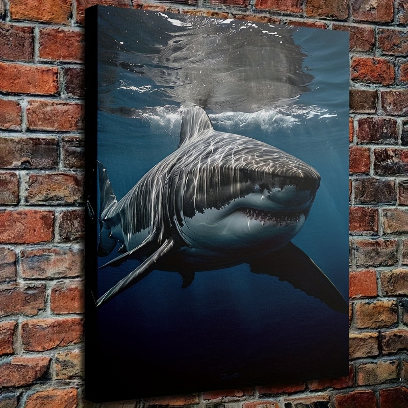 TEMU 2d Flat, 2d Flat, 1pc Framed Shark Canvas Art - Realistic Underwater Wall Decor For Living Room, Bedroom, Office, Or Home Theater, Dynamic