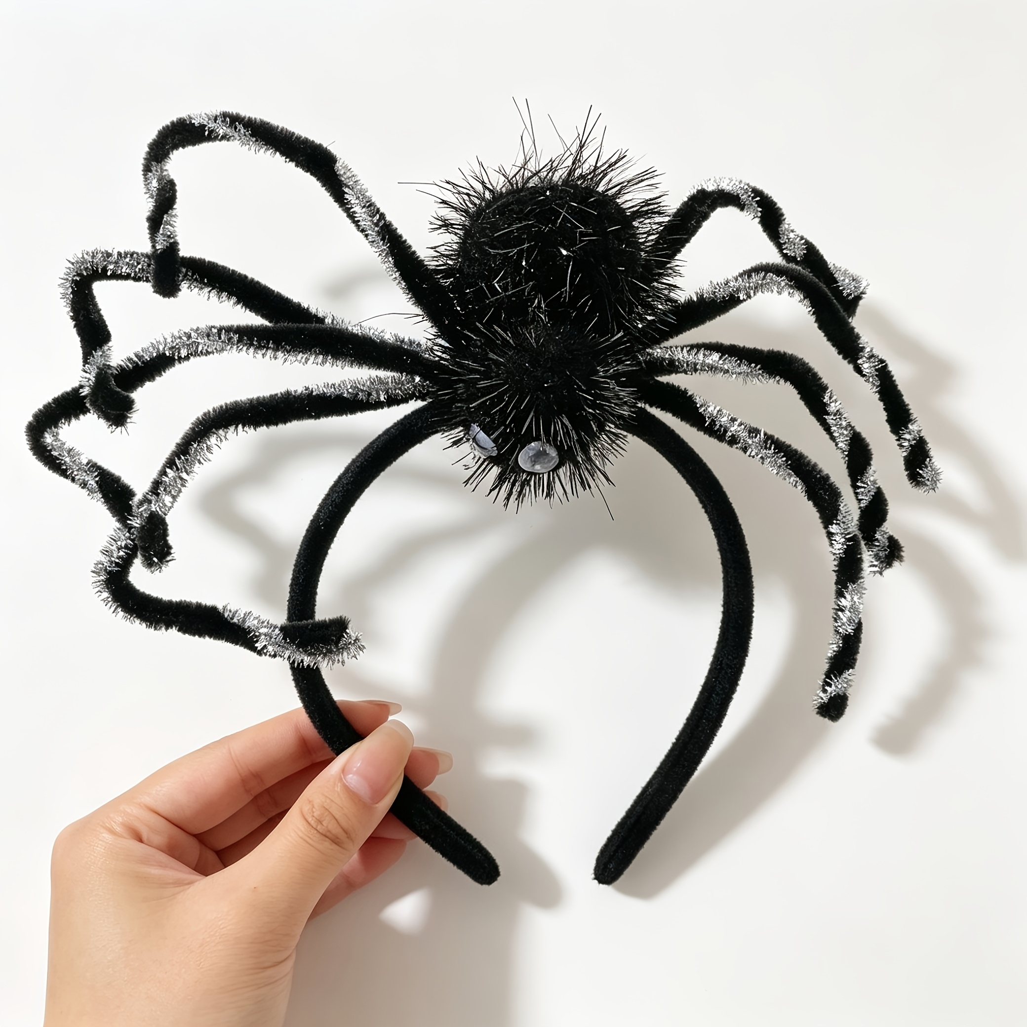 TEMU Fascia per capelli a forma di ragno argentato e soffice, accessorio per capelli a forma di ragno di Halloween, copricapo per giochi di ruolo per