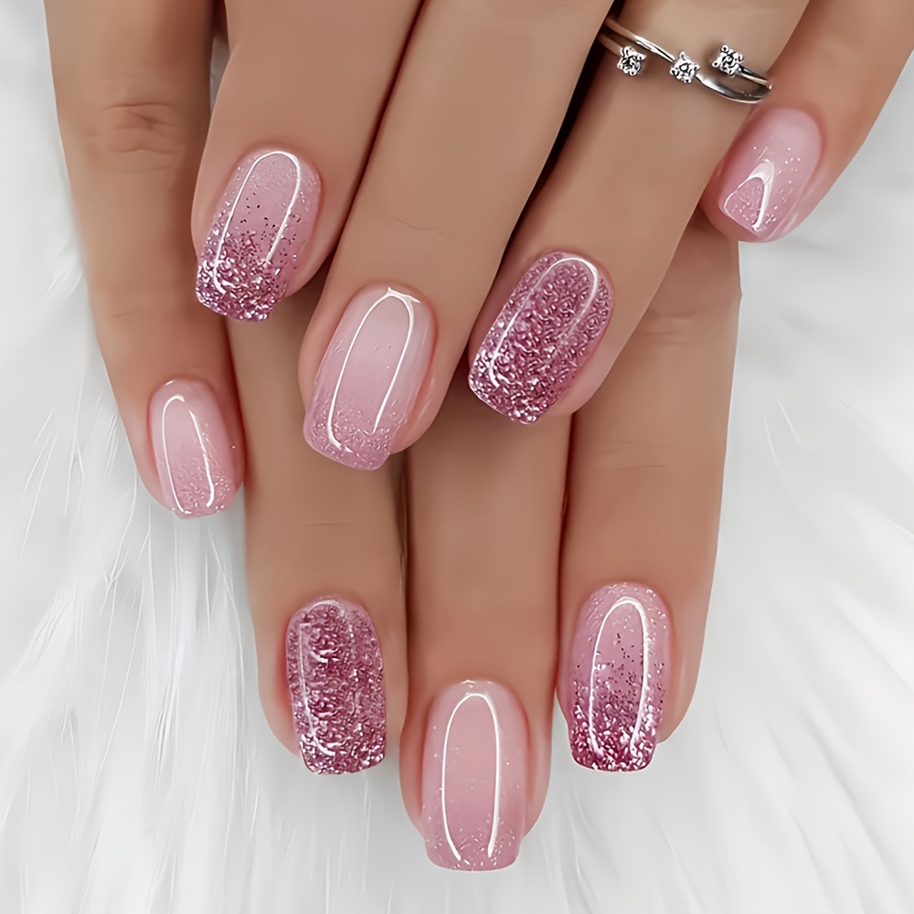 

24pcs Pink Press-on Nails - Medium Square, Sparkling Glitter Gradient With Nude Accents, Reusable False Nails For Women And Girls, Beauty Accessories|trendy |sparkling Nail Decor, Nail Accessories