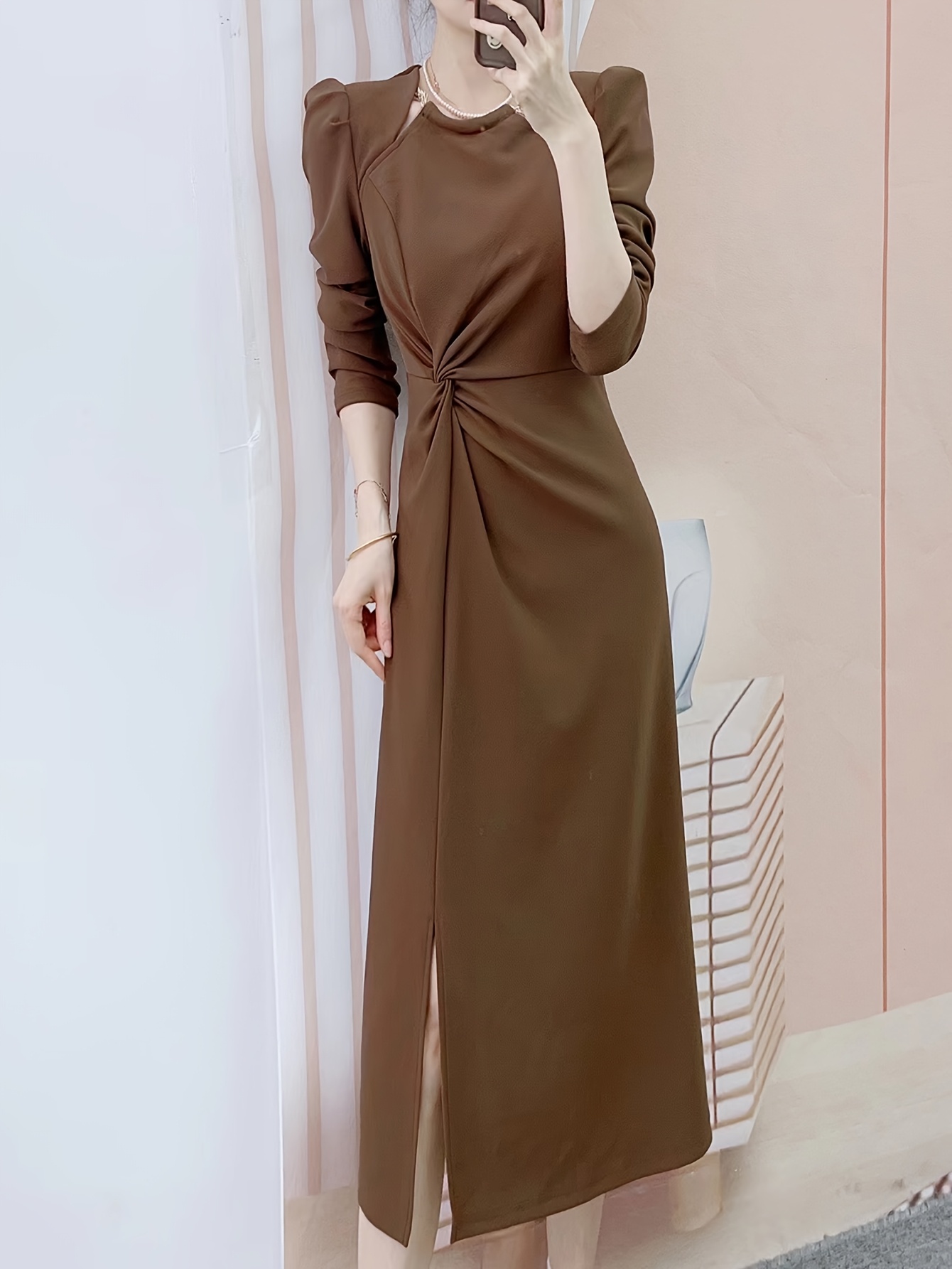 elegant shoulder brown midi dress ruched waist side slit - Temu Mauritius