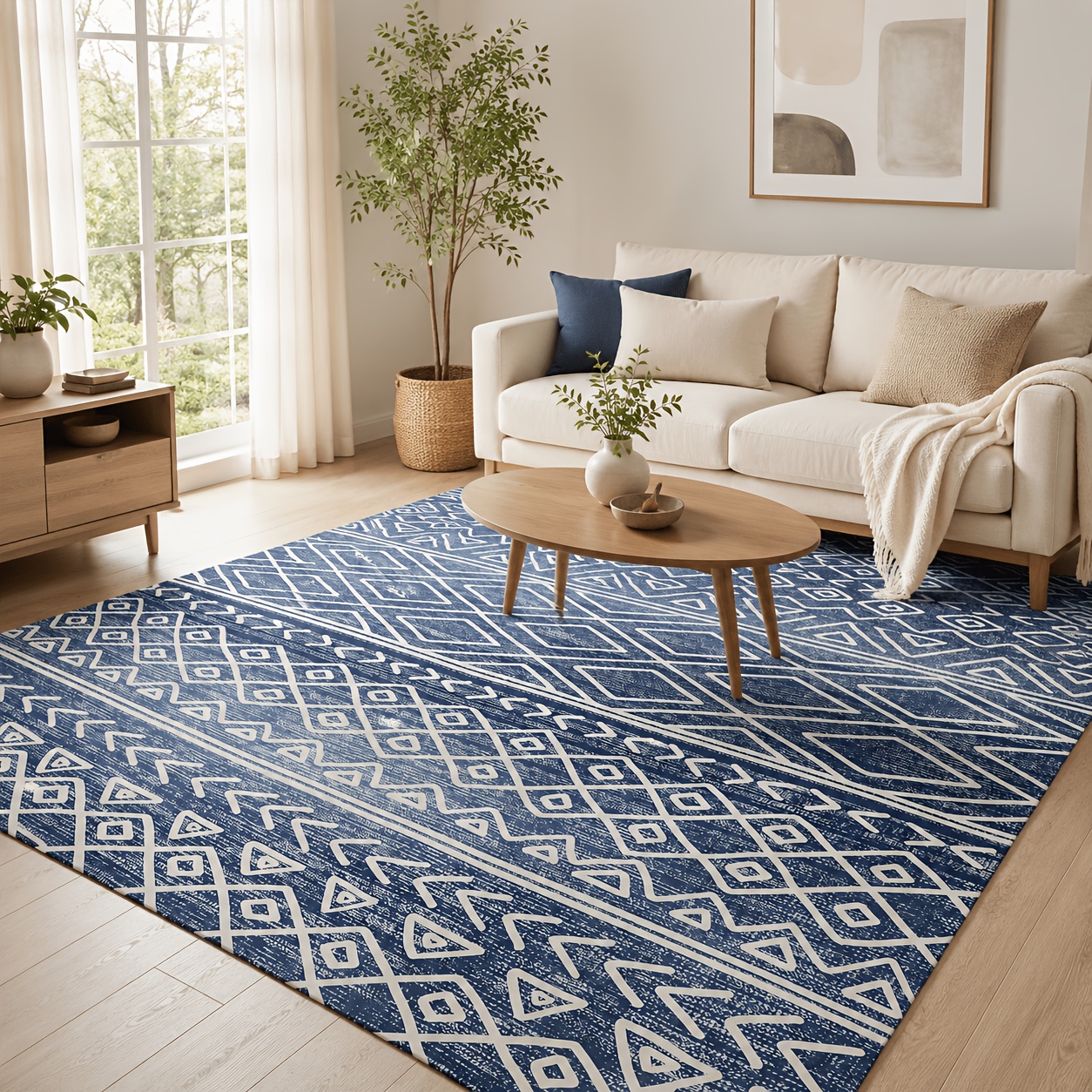 Image of Blue And Geometric Rug For Living Room And Dining Room, Non-slip Soft Rug, Machine Washable, Boho Area Rug For Bedroom, Sofa, Dining Table And Hallway