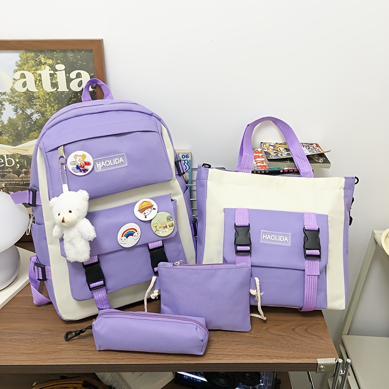 Image of Random Badge 5pcs Student School Backpack Set + Large Capacity Travel Backpack, For Teenager