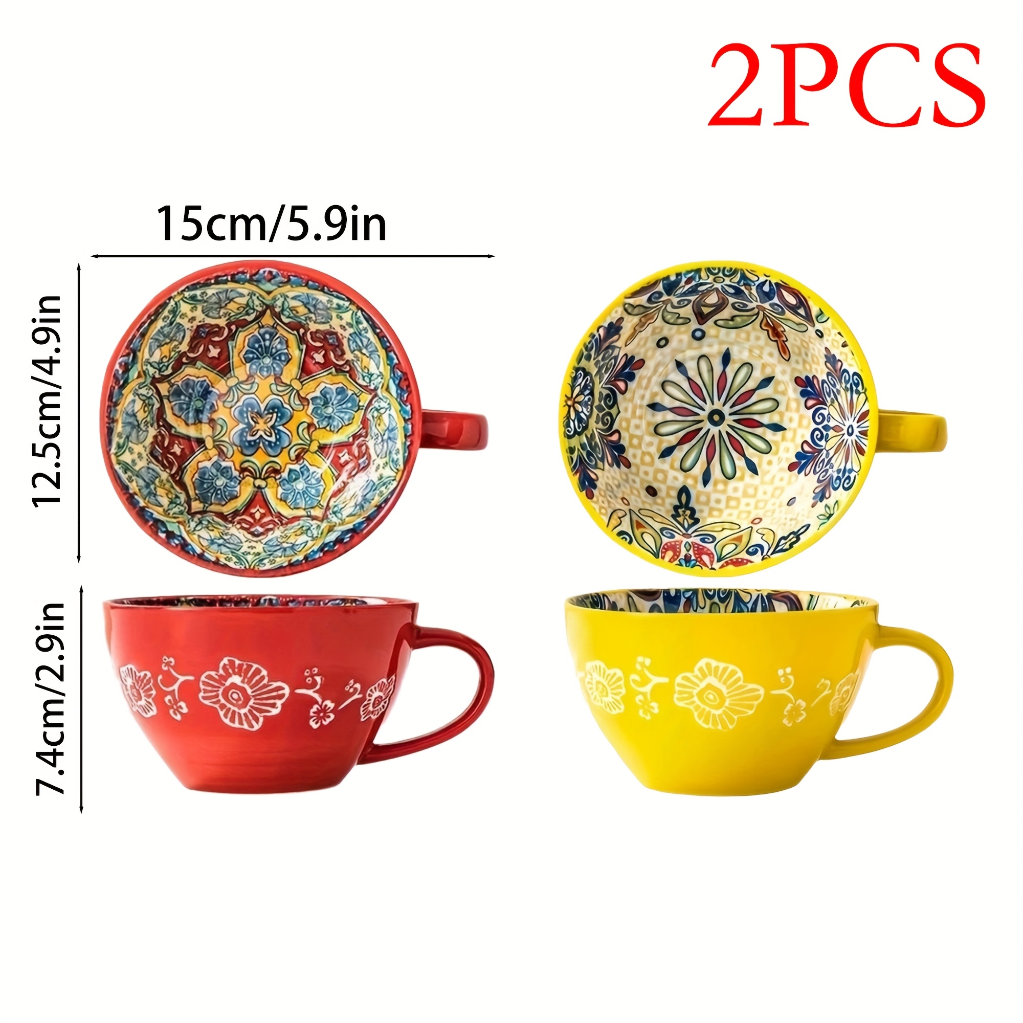 Image of 2pcs, Bohemian Style Ceramic Milk Cups, Coffee Mugs, Aesthetically Large Capacity Mugs For Home Use, Breakfast Oatmeal Milk Cups, Microwave Safe For Heating