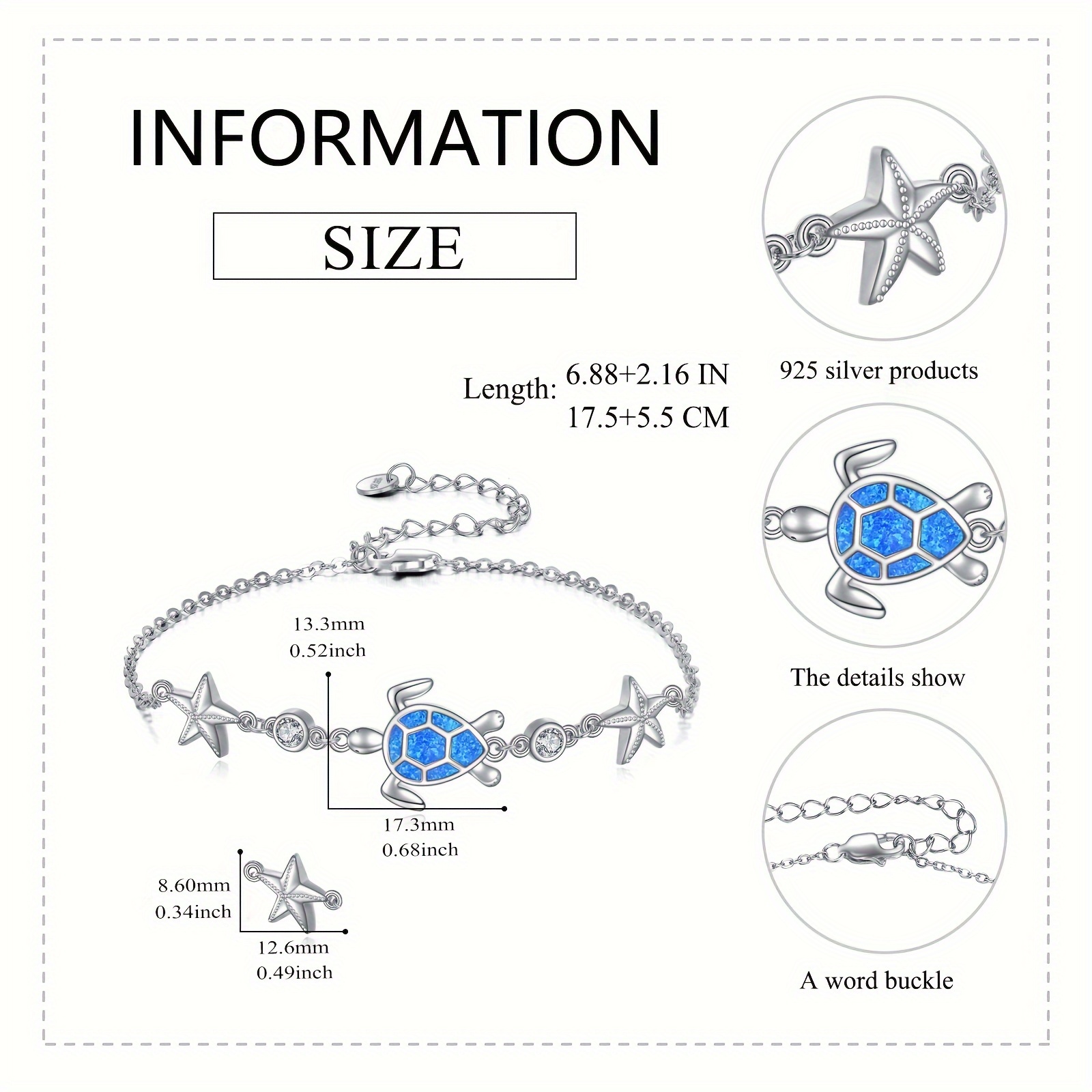 925 Sterling Silver Opal Sea Turtle Link Chain Starfish Bracelet
