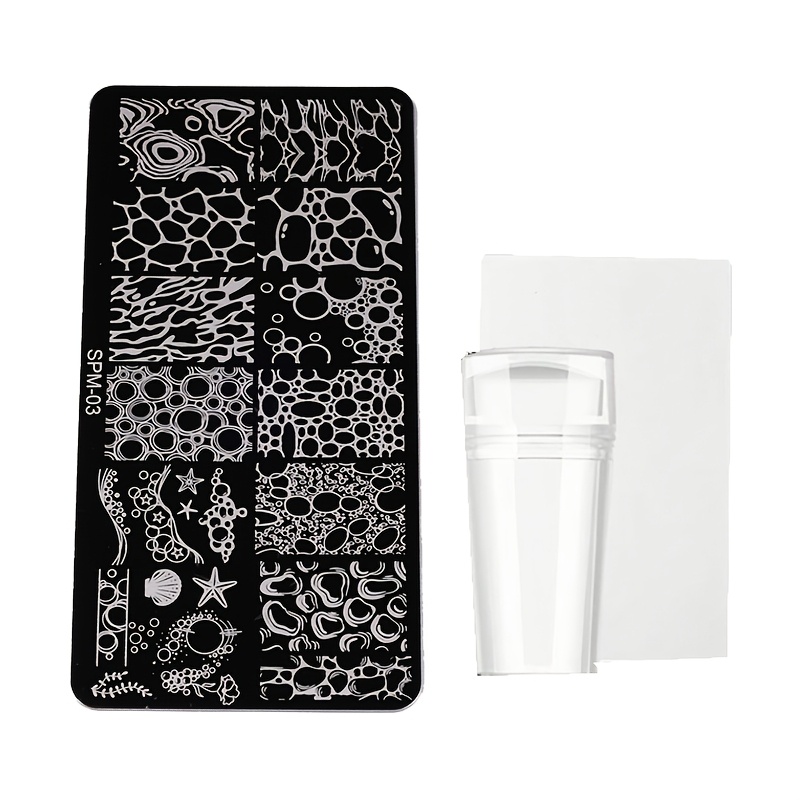 TEMU Nail Stamping Plate And Clear Stamper Set, Summer Autumn Ocean Themed Nail Stamp Template With Wave, Ripple, Seashell, Starfish, And Bubble