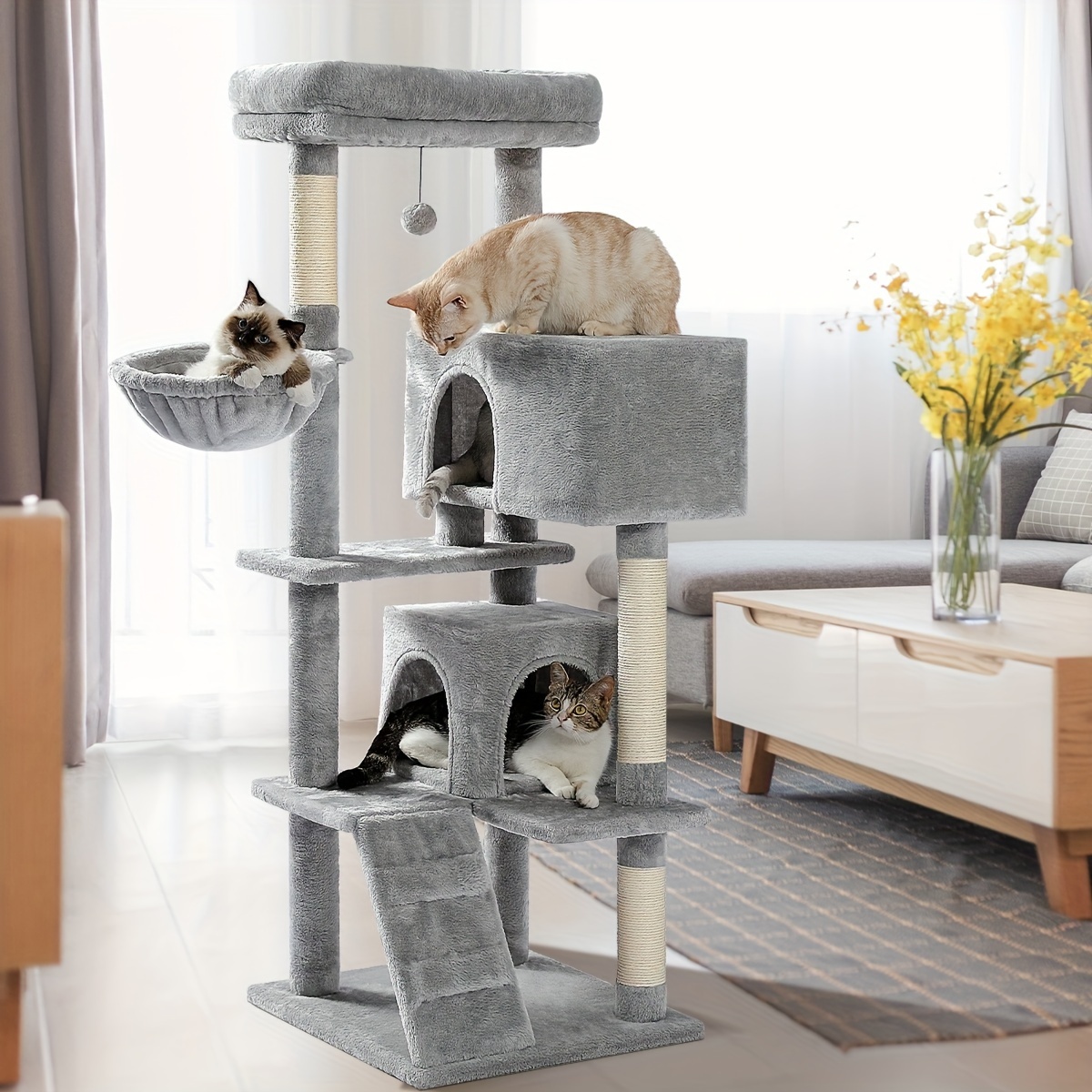 

Cat Tree For Large Cats Adult With Super Large Top Perch, 56.3" Cat Tower For Large Cats With Plush Hammock, Cat Shelves And Dangling Pompom, Cat Scratching Posts And 2 Condos Houses, Grey