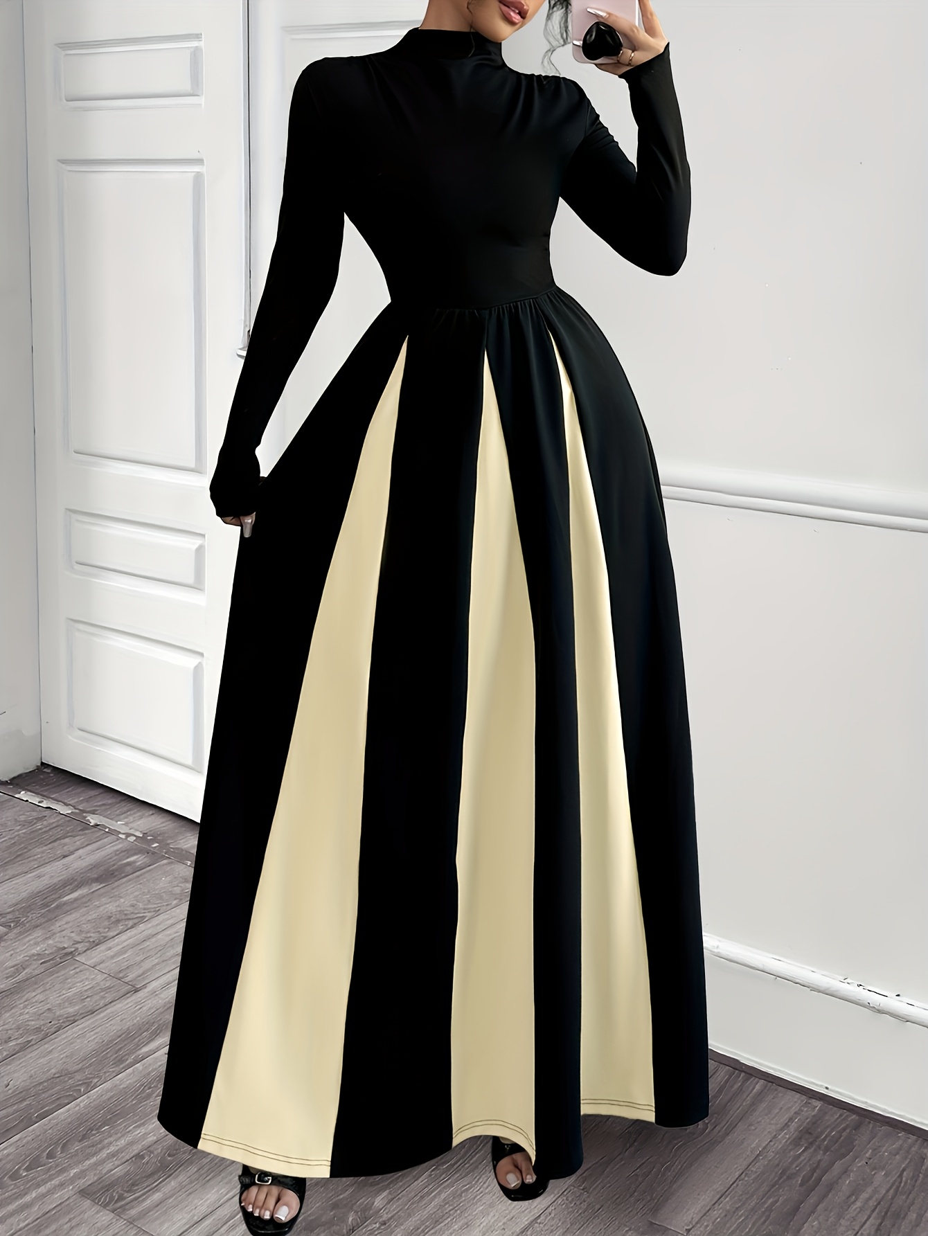 womens elegant long sleeve dress high neck color block hem Temu