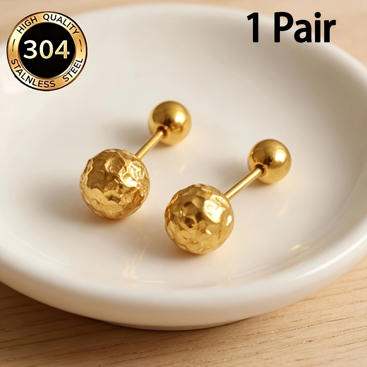 TEMU 1 Par de aretes de punta con esfera plisada de acero inoxidable 304 304 304 304 304, joyería para oídos tipo tornillo portátil para dormir,