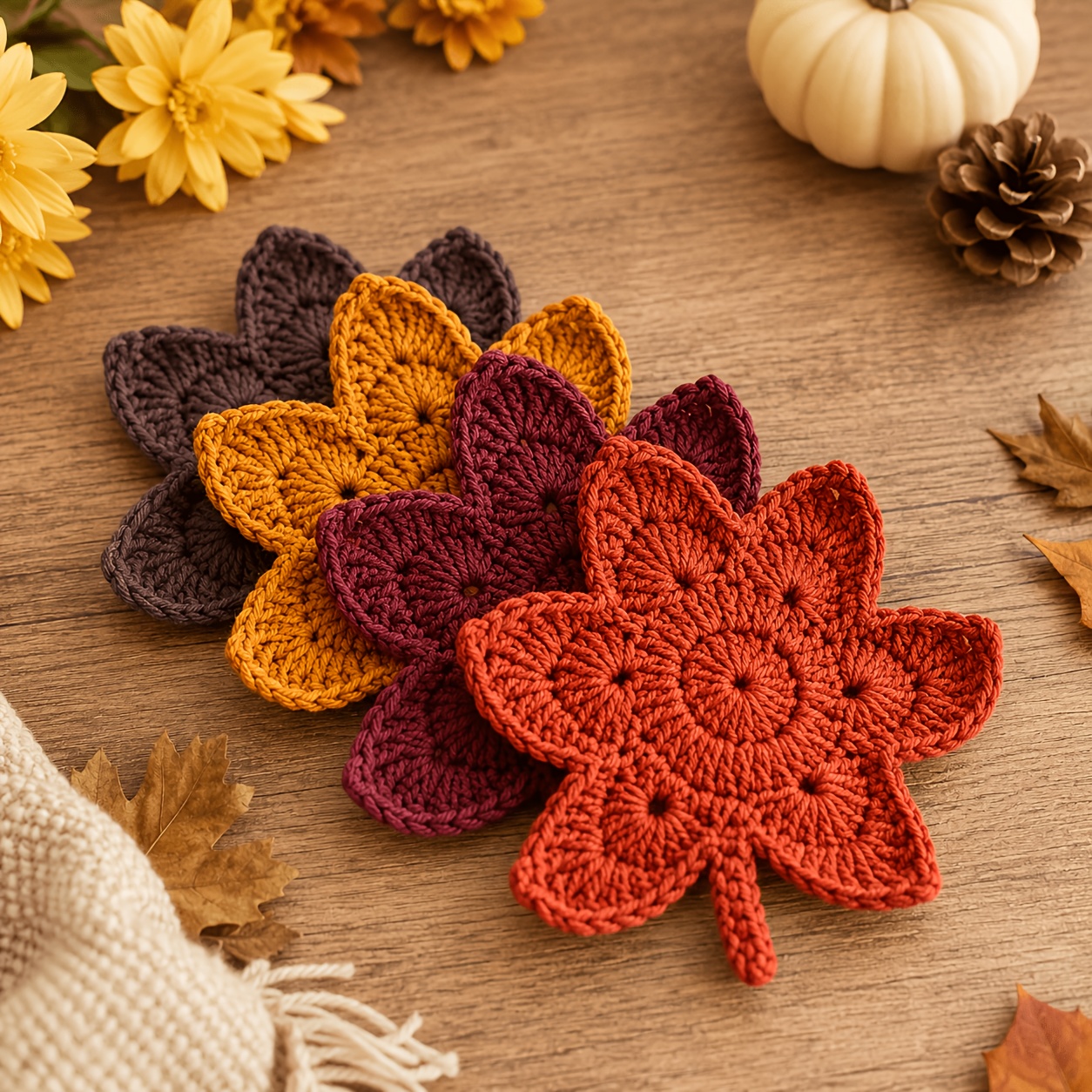 TEMU 6pcs Handmade Crochet Maple Leaf Coasters Suitable For Thanksgiving, Rustic Fall Table Decor, Plastic Beverage Coasters With Random Colors, ,