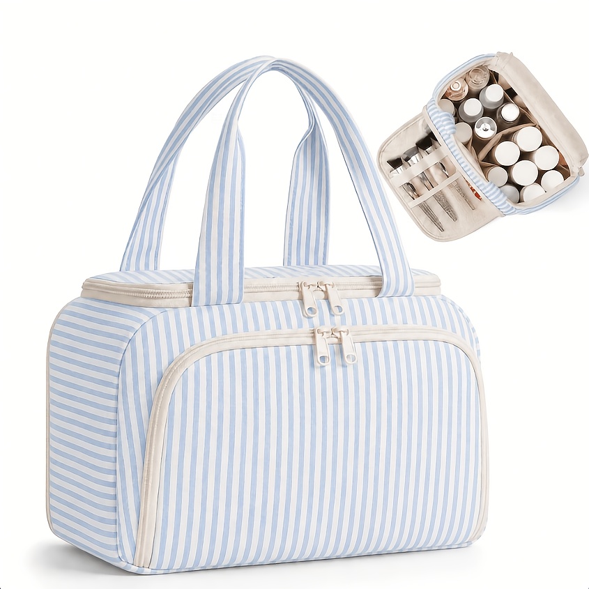 Image of Preppy Aesthetic Makeup Bag Large Capacity Striped Bag With Handle Travel Toiletry Bag Makeup Organizer For Women And Girls Perfect Gift