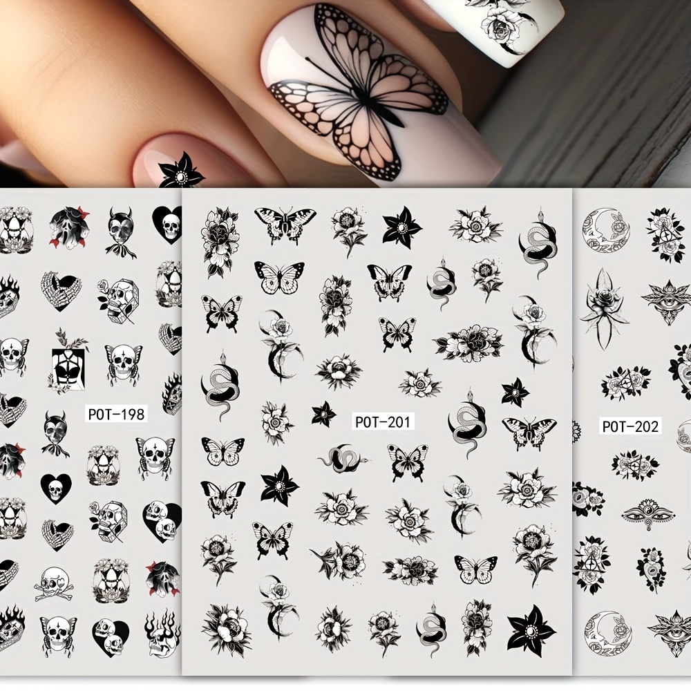 

3 Sheet Butterfly Flower Design Nail Art Stickers, Self Adhesive Nail Art Decals For Nail Art Decoration,gothic Style Nail Art Supplies For Women And Girls