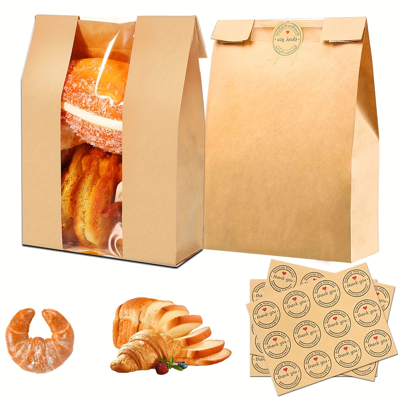 

130 Pcs Paper Bread Bags With Window × 8.26 × 3.54 Bread Baking Bag Storage Bag Suitable For Storing All Of Desserts As Bread, Cookies And Doughnuts (includes 11 Stickers, 1 Sheet Of 12 Stickers)