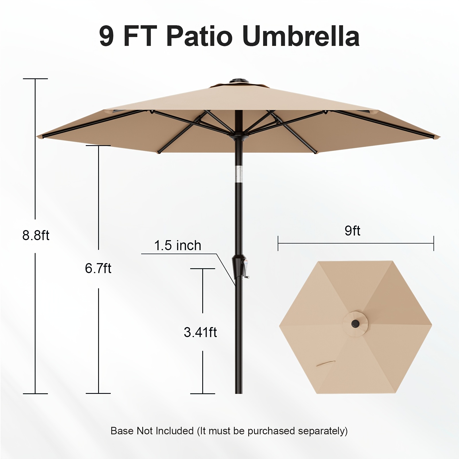 [Heavy Duty Patio Umbrella] 9ft Outdoor Umbrella, Heavy Duty Patio Umbrella with Crank, 6 Sturdy Ribs, UV Block for Market, Pool, Backyard, Garden (Base Sold Separately)