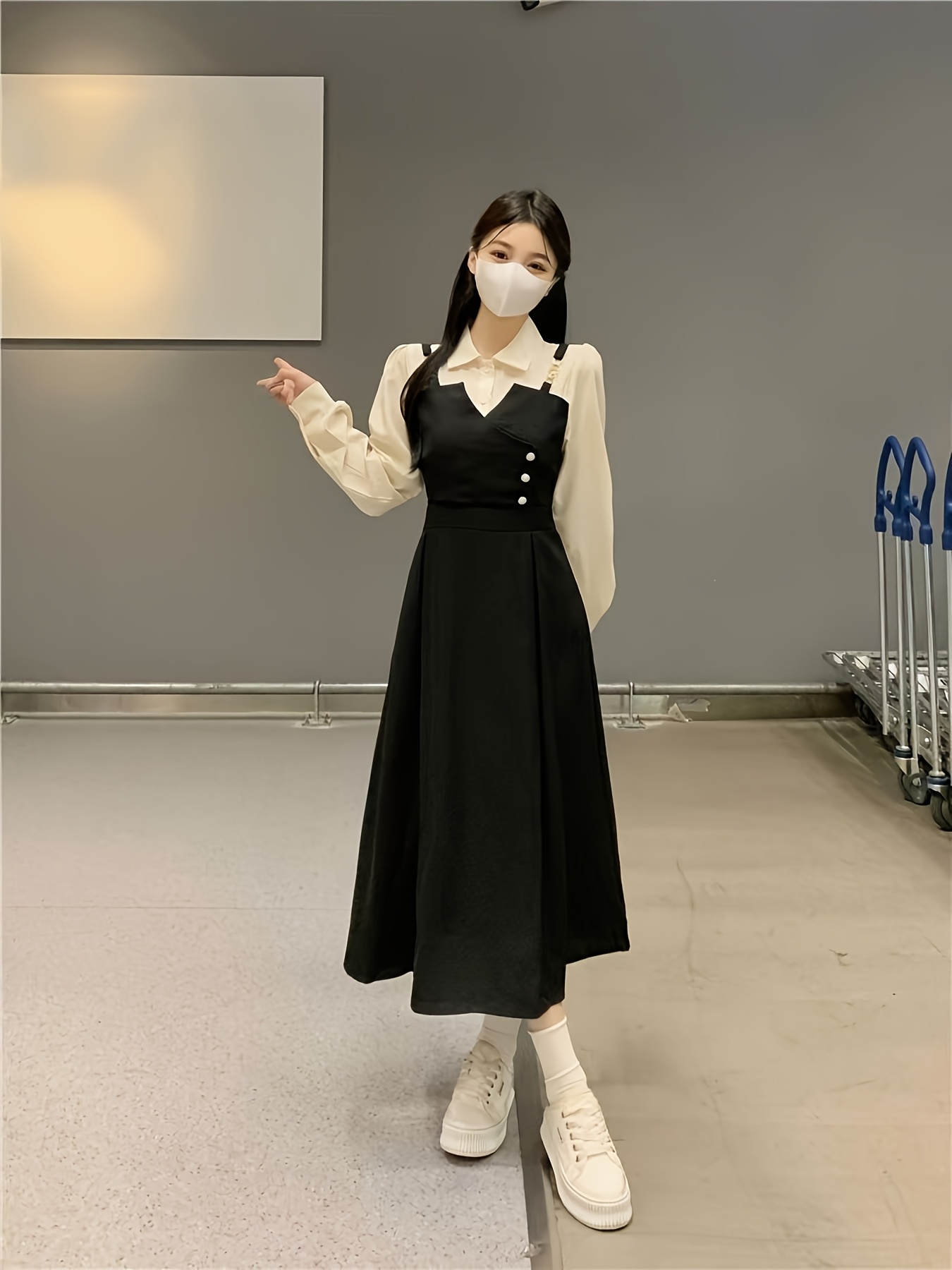 Long Sleeve Lapel 2-in-1 Look Shirt Dress