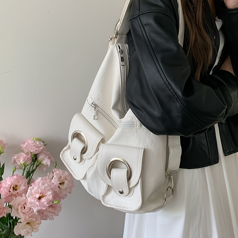 Elegante Bolso Tote de Cuero Sintético Blanco con Correa Ajustable y Bolsillos con Cremallera - Gran Capacidad Convertible para Hombro y Mochila para Mujeres, Ideal para el Trabajo o Uso Diario