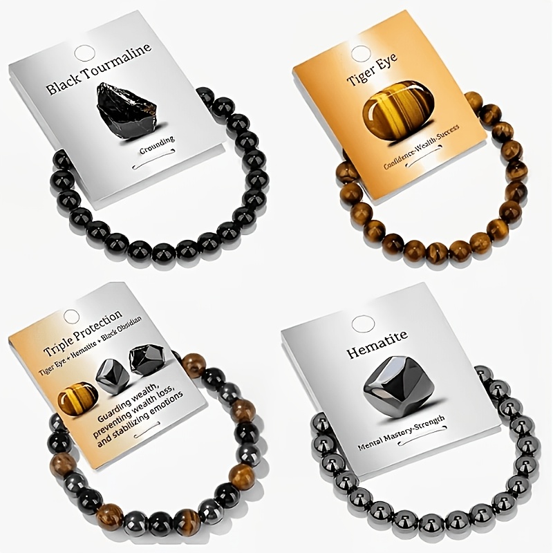 Image of 4pcs Bracelet For Men And Women, 8mm Eye Obsidian Hematite Beaded Bracelet, Wealth And Luck Charm Bracelet