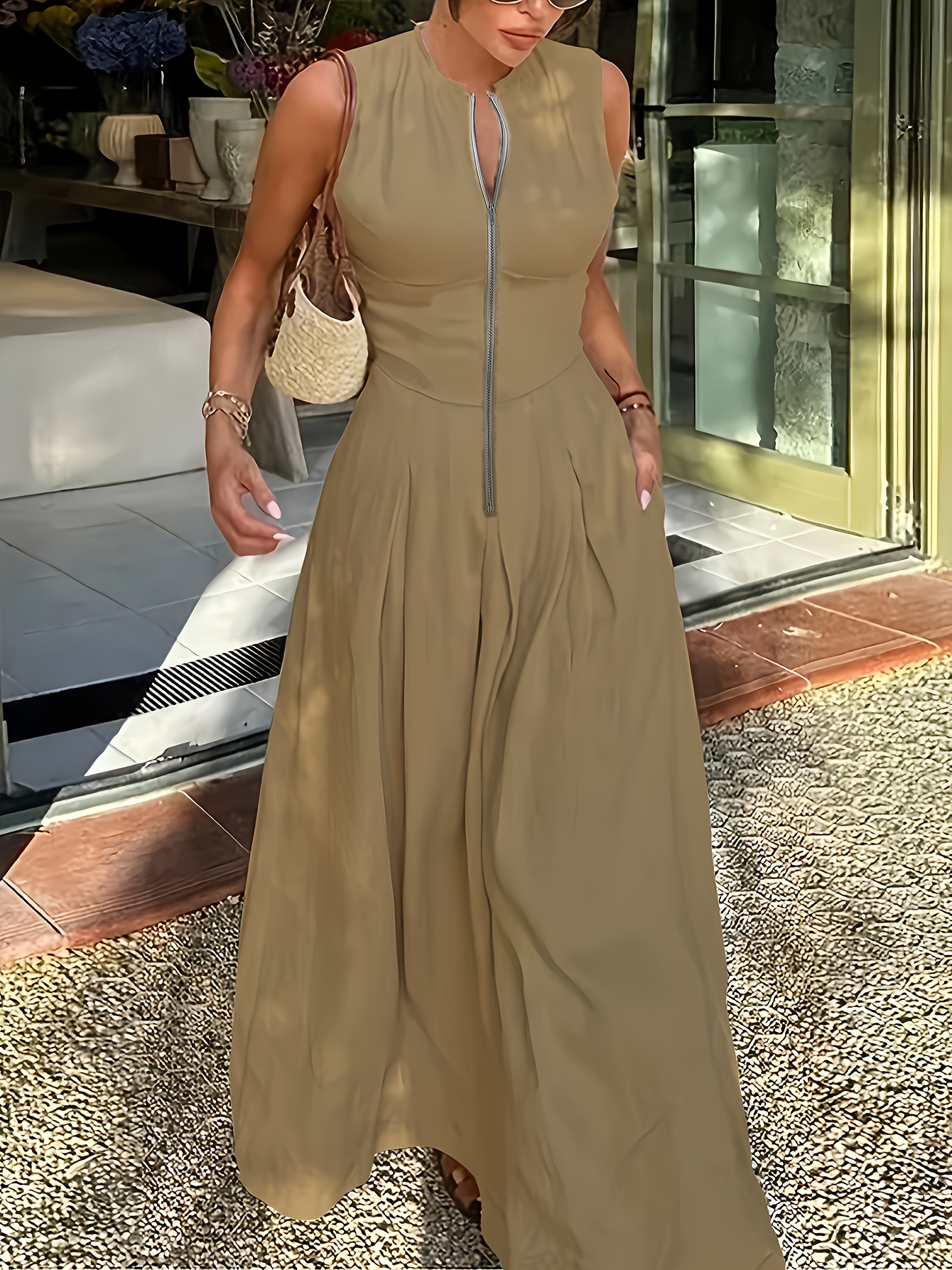 Women's Front Zipper Loose Sleeveless Solid Color Dress