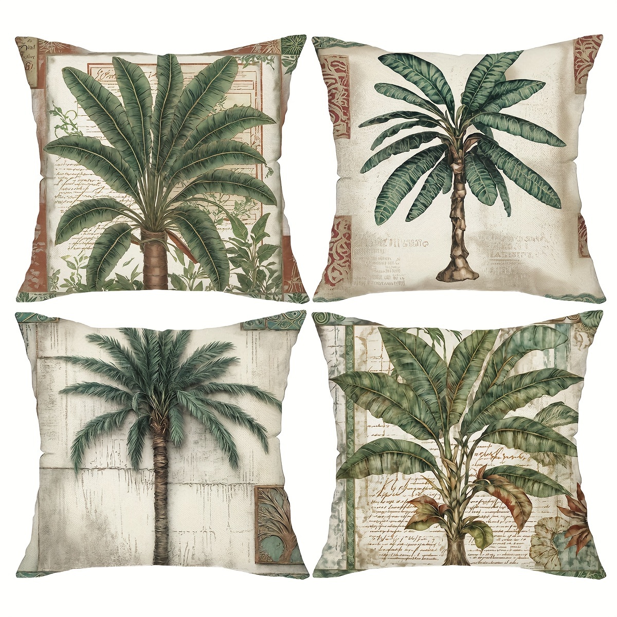 

4-pack Tropical Palm Tree Vintage Throw Pillow Covers, Green Leaf Decorative Cushion Cases, 18"x18", Polyester, Zip Closure, For Couch Sofa Bedroom, Hand Wash – Without Inserts