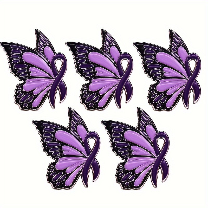 

Butterfly Pins - Set Of 5 Metal Pins For Awareness And Fashion - Alloy Material - Funky Design - Purple Color - Men's Accessories