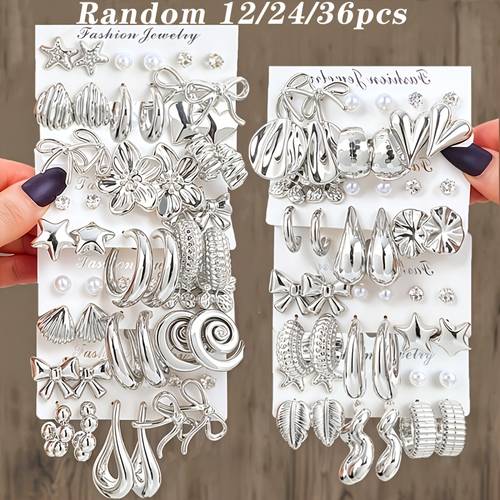 random 12 24 36pcs set of three dimensional ultra earrings with exaggerated designs including bows hearts swirls teardrop shapes spheres butterflies five pointed stars for and artificial