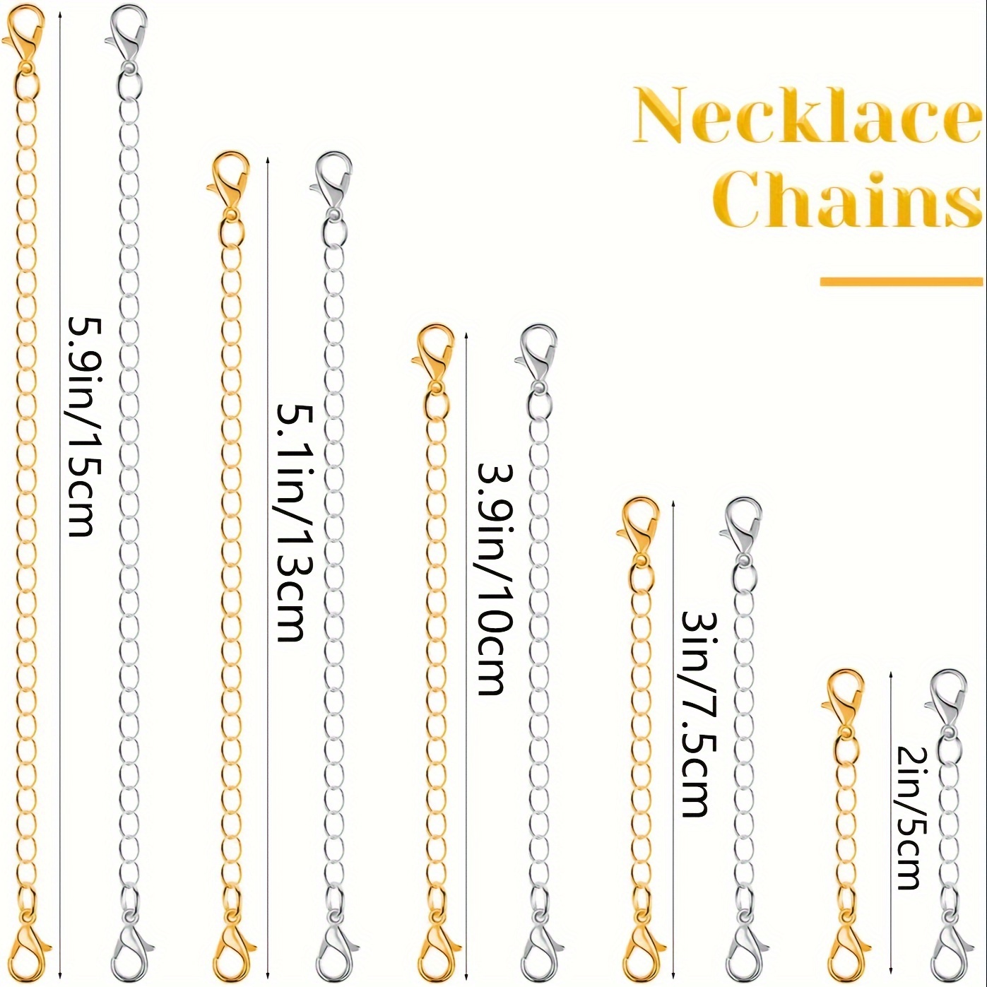 10pcs Golden Silvery Chain Extender for Necklace, Copper Alloy Bracelet Chain Extender for Women s Bangle Anklet for Jewelry Making 5.08cm 7.62cm 10.16cm 12.7cm 12.7cm 15.24cm