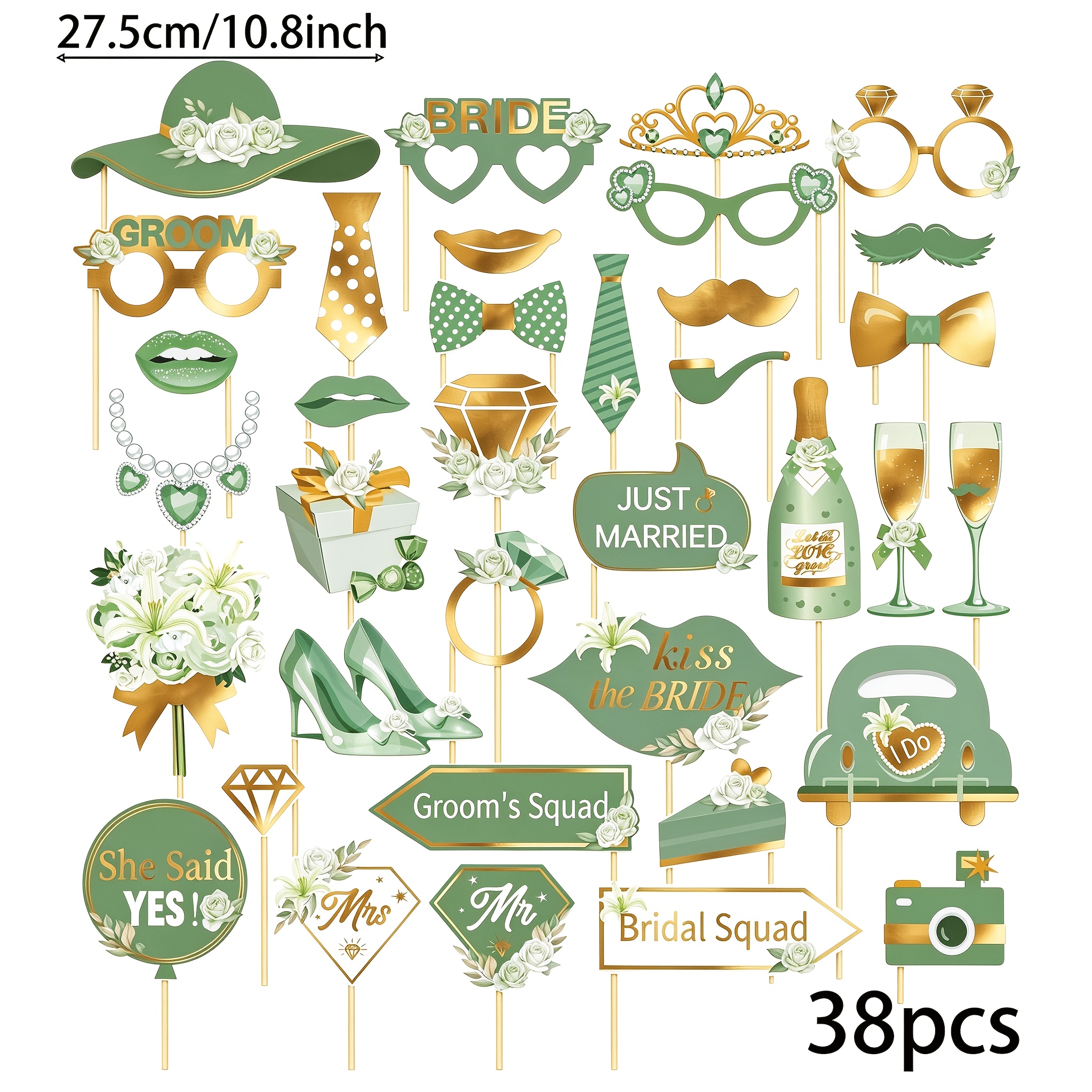 Image of 38pcs Paper Sage Green Wedding Photo Booth Props, Bridal Party Photo Props, Engagement Party Decorations, Outdoor Ceremony Wedding, Perfect For Halloween & Christmas
