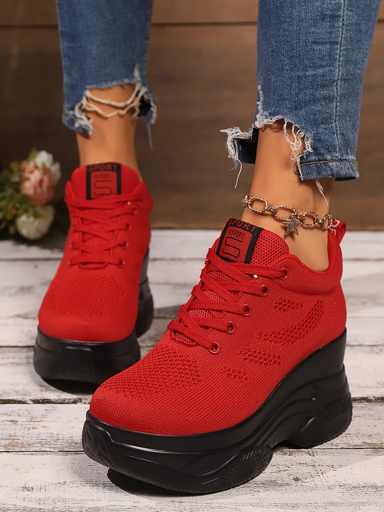 Red High-heeled Thick-soled Slope High Heeled Ankle Boots For Women 6998  Fashion Sneakers Wirh Adjustable Strap