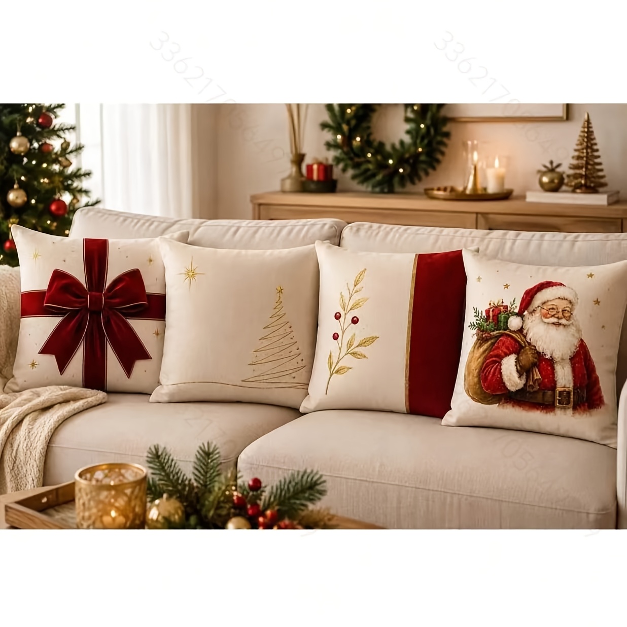 TEMU 4pcs Red And Golden Retro Christmas Pillow Covers, Single-sided Printed Texture, Peach Suede Material, Zipper Closure, Machine Washable, Pillow