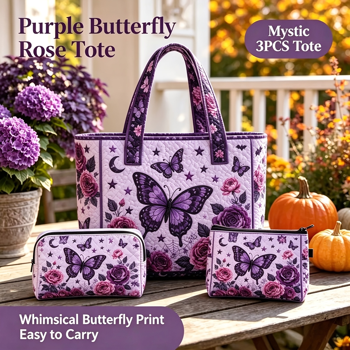 TEMU 3pcs Tote Bag Set Purple Shoulder Handbag With Pouches