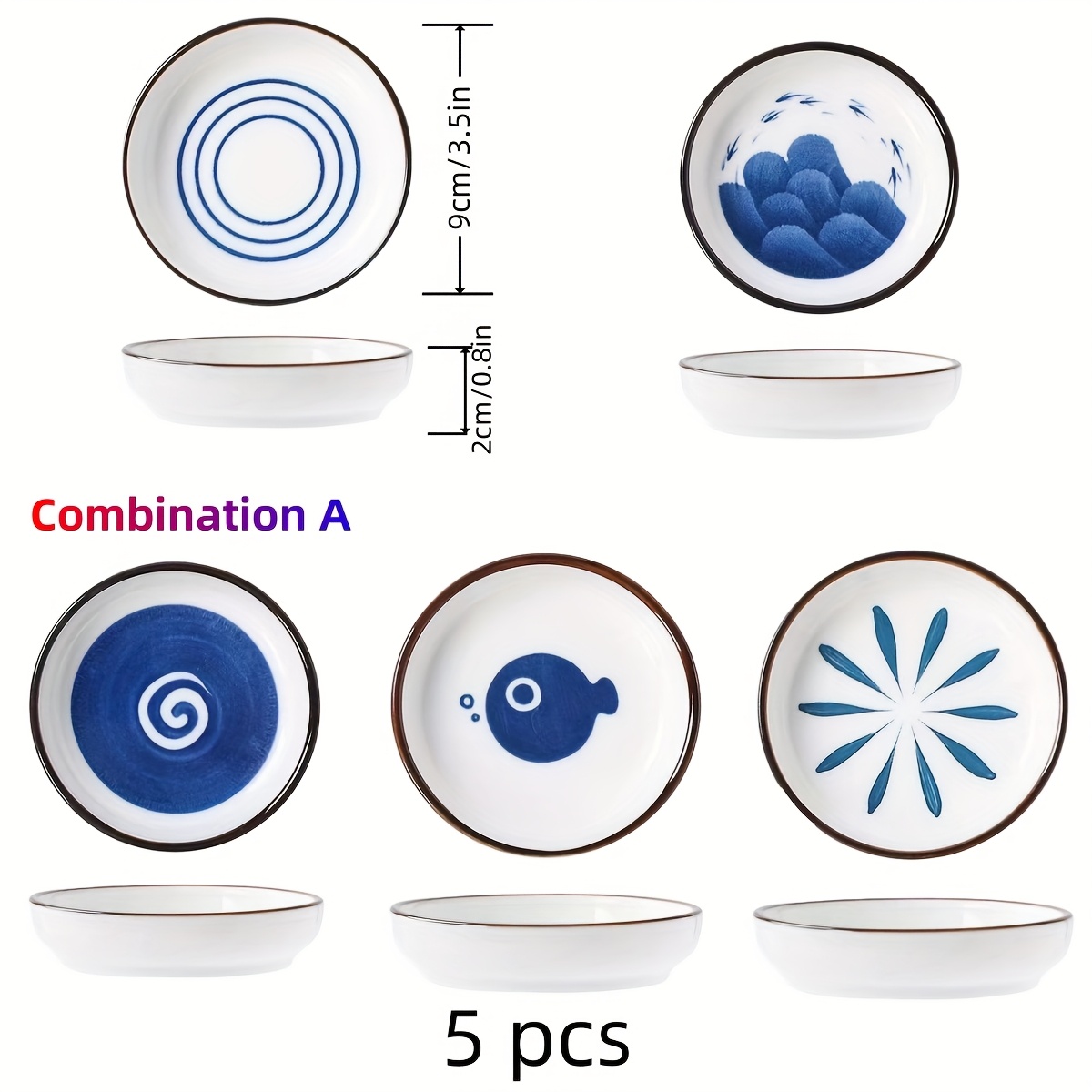 Image of 5 Ceramic Dipping Plates, Blue And White Porcelain Bowls, Handcrafted Underglazed Small Bowls, Suitable For Snacks, Fruits, And Desserts