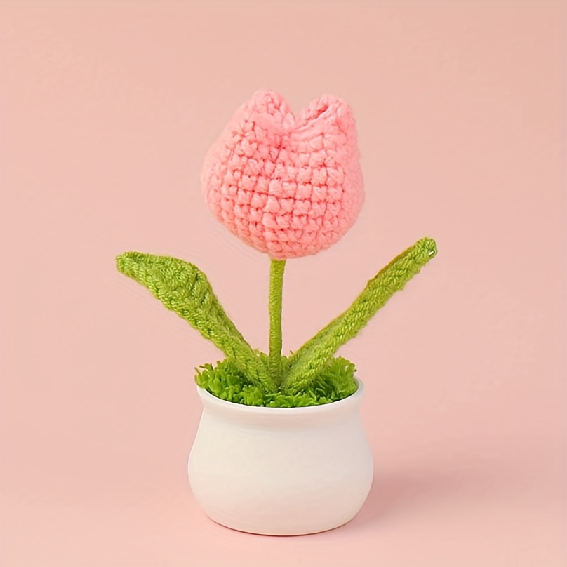 TEMU 1pc Miniature Crochet Pot Decoration, 5.31inx2.28in - Handmade Fabric Artificial Plant For Home, Office, Or Garden Decor, Includes White Pot,
