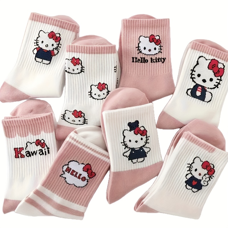 Image of 4/8 Pairs Licensed Random Color Women Kt Cat Mid Calf Socks Soft Breathable Warm For Autumn Winter