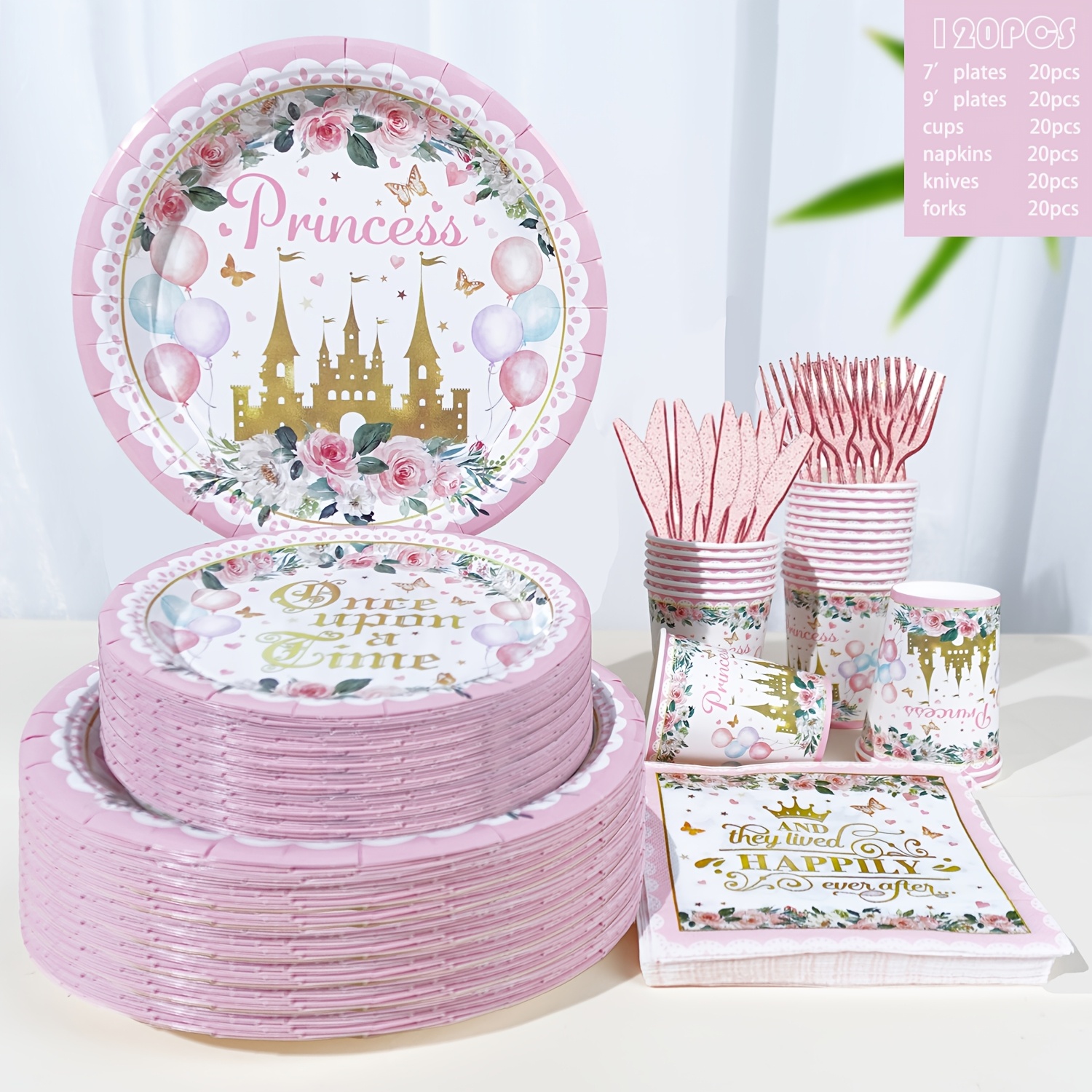TEMU 120pcs Castle Birthday Party Supplies For 20 Guests, Disposable Tableware Set With Plates, Cups, Napkins, Knives And Forks For Girls Or Holiday