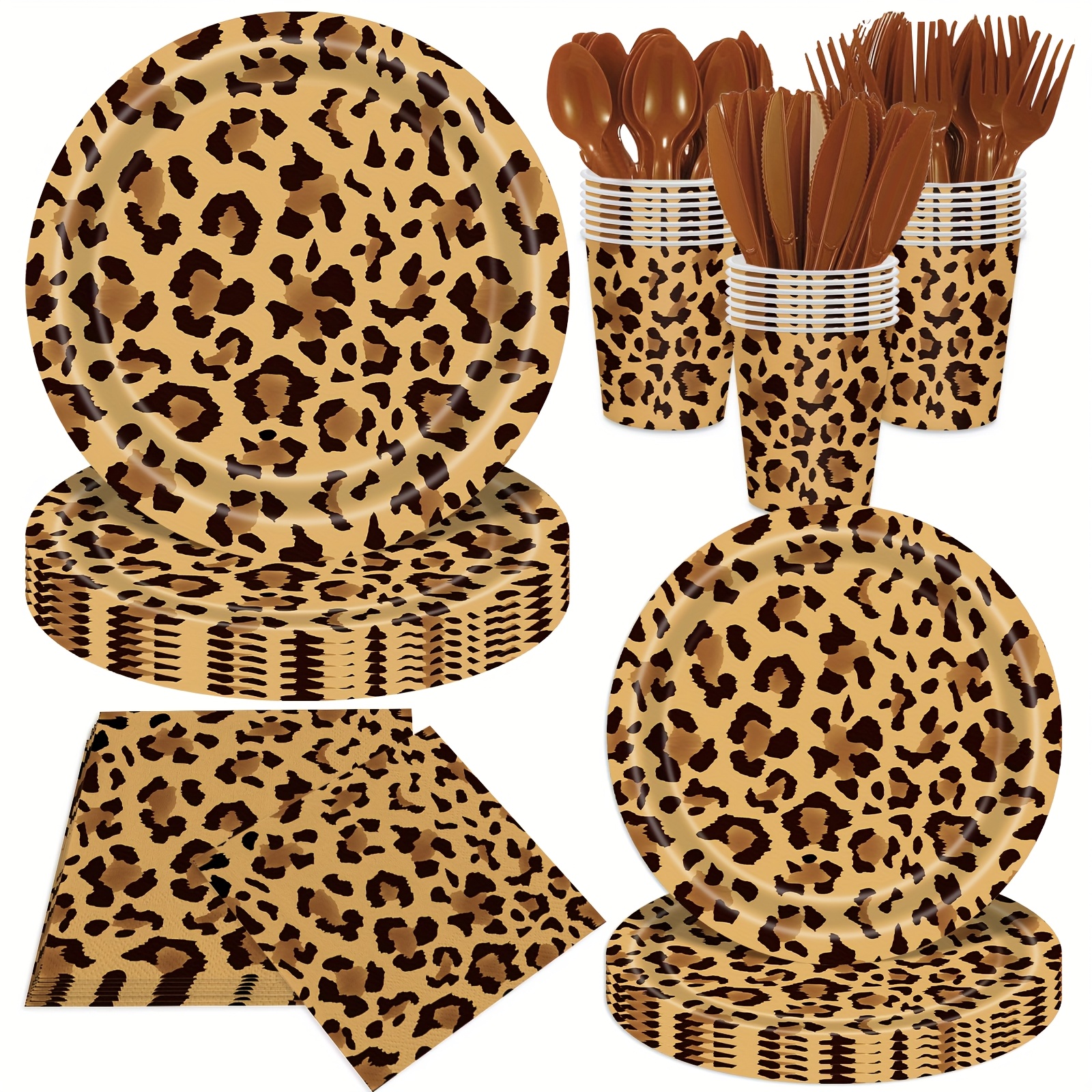 TEMU 140pcs, Leopard Print Party Supplies Set, Print Party Decoration Tableware Set, Leopard Plates And Napkins, Print Themed Birthday Party