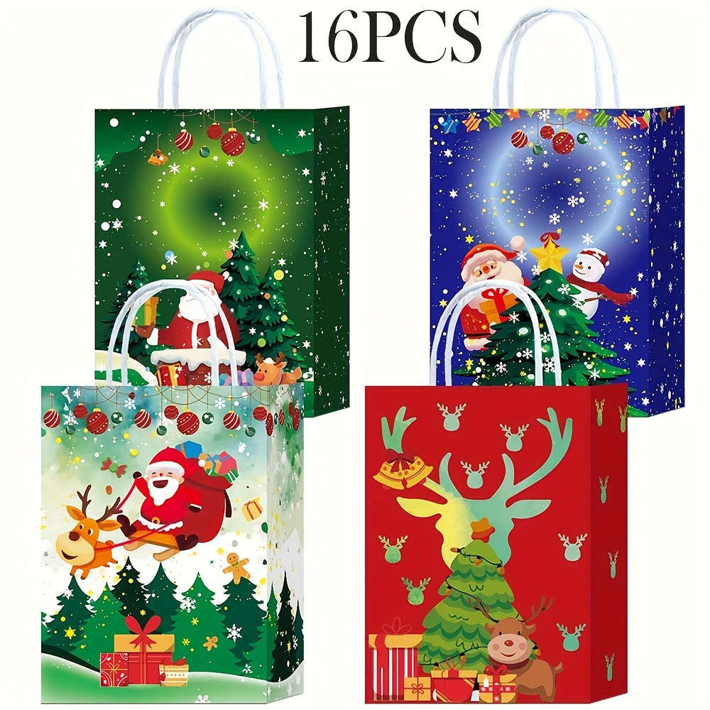 

16pcs Christmas Gift Bags With Assorted Christmas Prints Kraft Christmas Goody Bags With Handles Christmas Gift Paper Bags For Wrapping Holiday