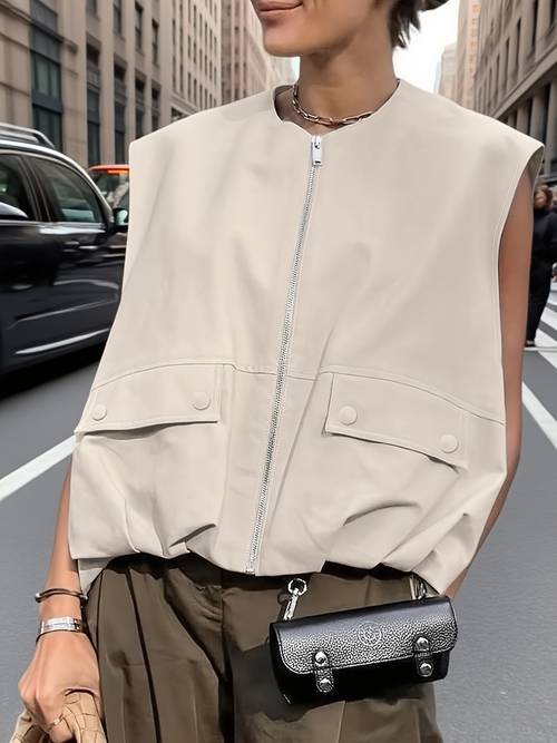 womens olive up jacket oversized sleeveless vest with front zipper closure non stretch fabric for everyday formal outfits machine washable layering piece for summer casual outerwear relaxed fit vest material