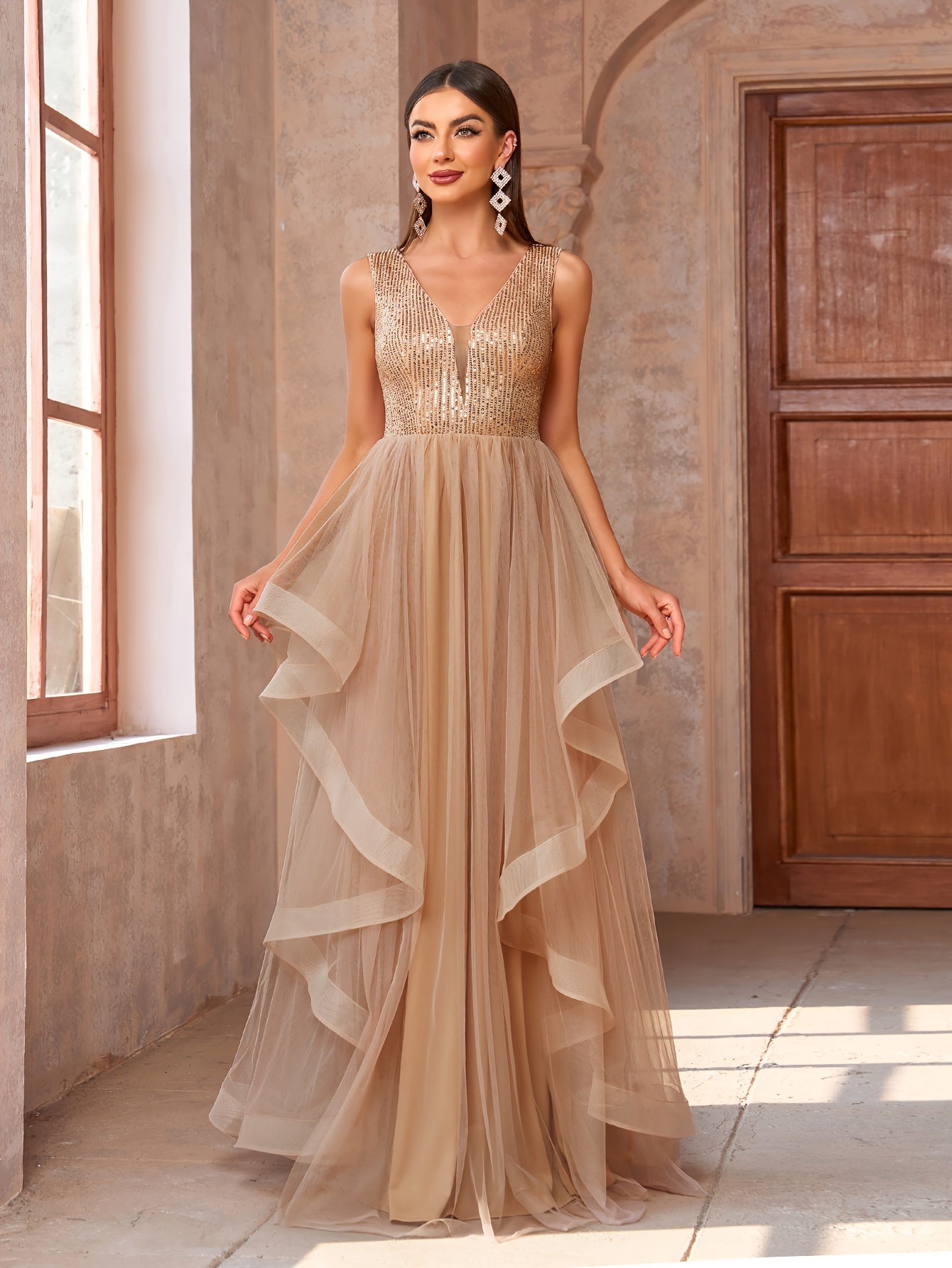 deep v mesh maxi dress SALE!! Deep V Glitter Mesh Maxi Dress + Corset Back Blush Crystal / Large