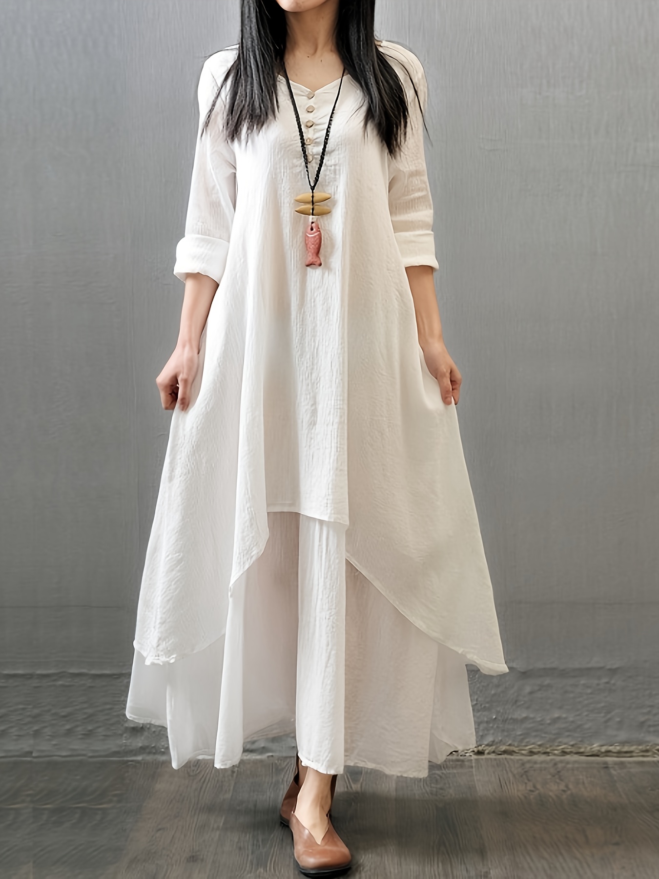 womens casual v neck long sleeve midi dress linen blend loose a line silhouette with decorative tassels artistic layered design bohemian style breathable fabric machine washable versatile for spring summer autumn relaxed  