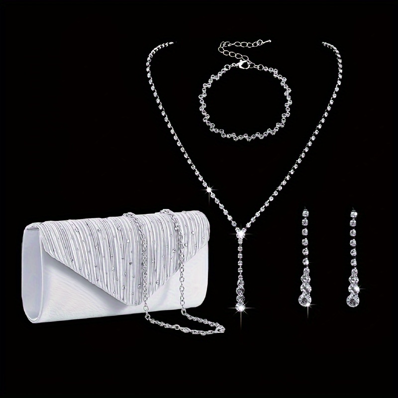 

Elegant Women's Evening Clutch With Rhinestone Decor, Handbag And Jewelry Set - Includes Clutch, Necklace, Earrings, And Bracelet