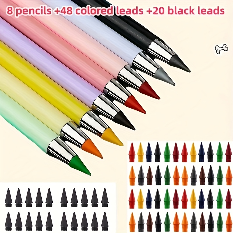 TEMU 76pcs Set: 8 Pencils + 48 Colored Leads + 20 Black Leads, Pencils With Built-in Eraser, Eternal Pencils, Hb Pencils, Colored Pencils, Ideal For