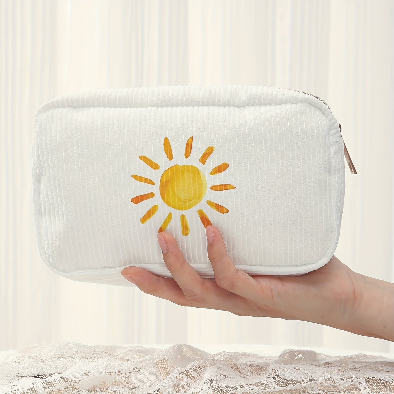 TEMU Sonnenmuster Bedruckte Dicke Cord-Damen Lippenstift Tasche Reise Make-up Pinsel Tasche Sortiertasche Damen Make-up Tasche, Make-up Tasche Reise